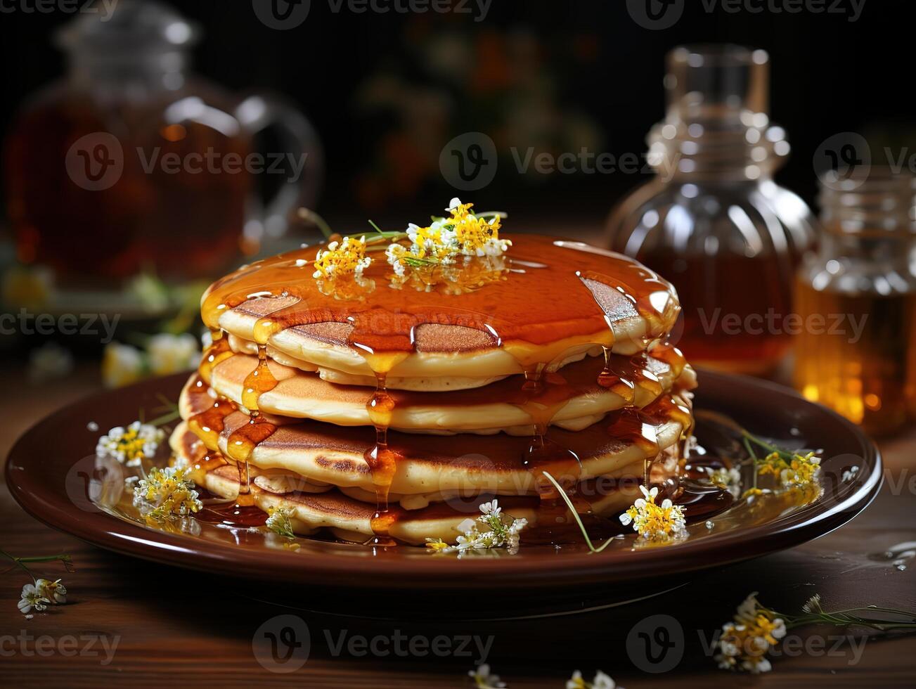 ai generato Pancakes frittelle versato con miele nel un' piatto su un' sfocato sfondo generativo ai foto