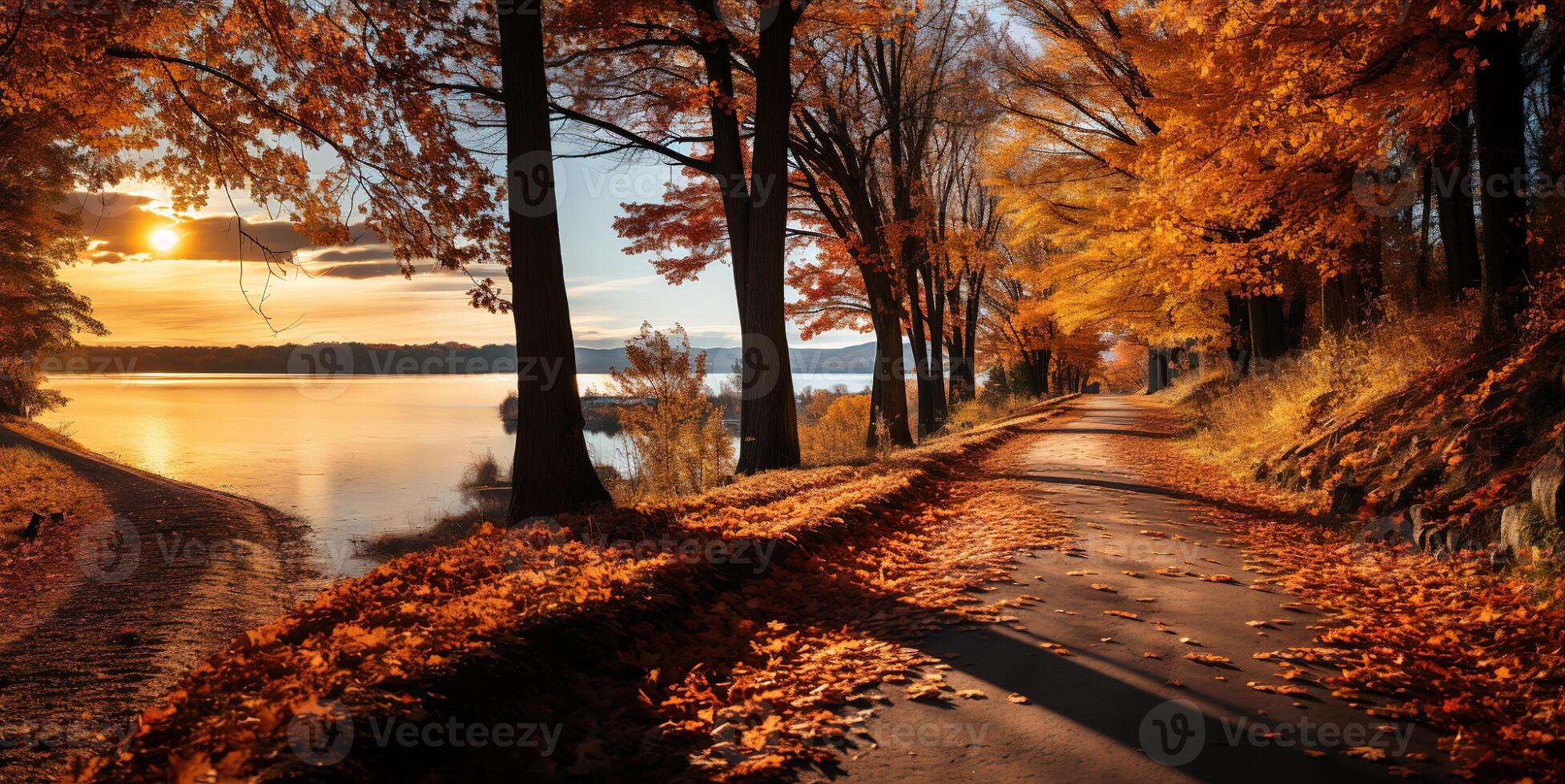 ai generato autunno paesaggio con rosso e giallo foglie, generativo ai foto