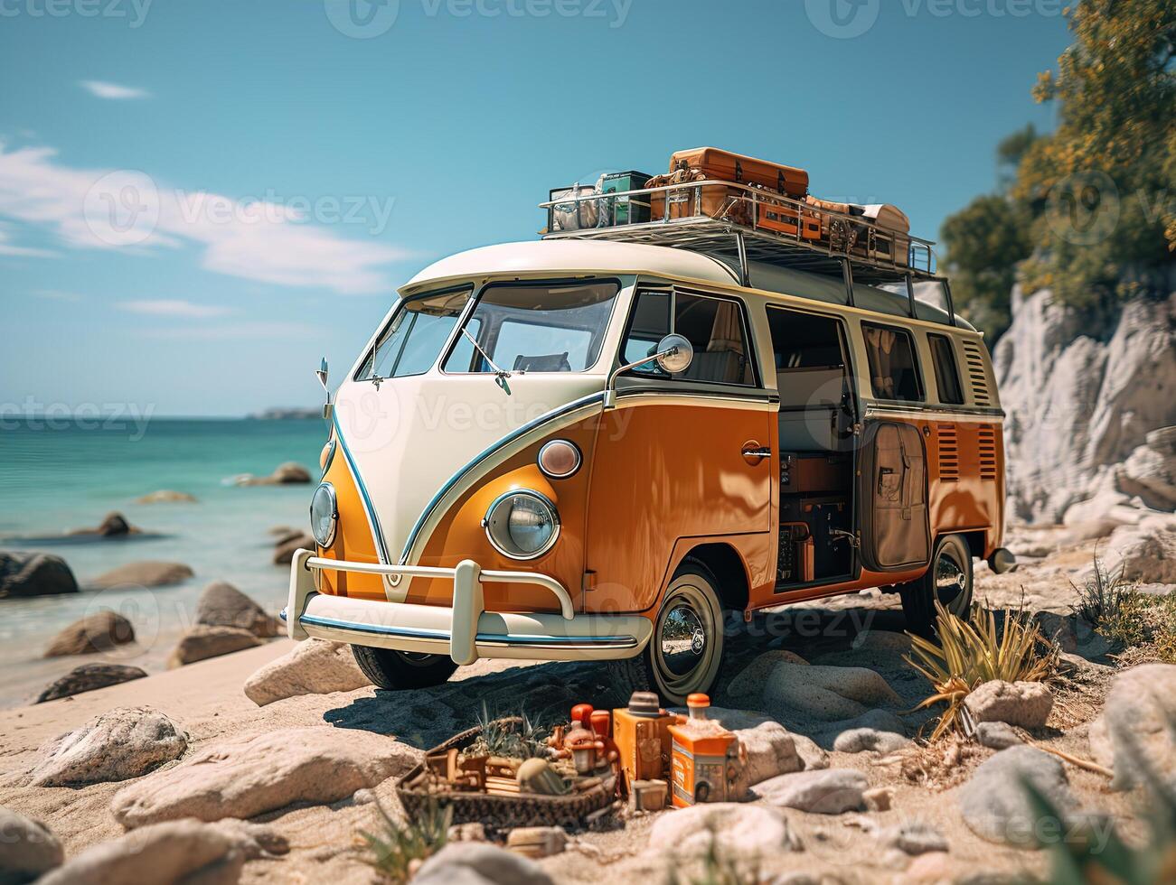ai generato estate vacanza viaggio vacanza furgone e spiaggia accessori foto