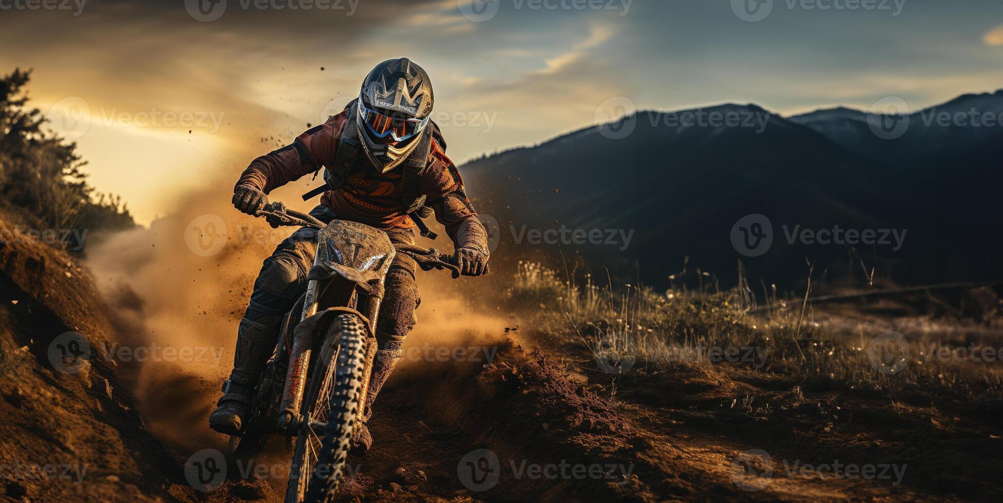 ai generato ciclista con montagna bicicletta cavalcate a alto velocità polvere generativo ai foto