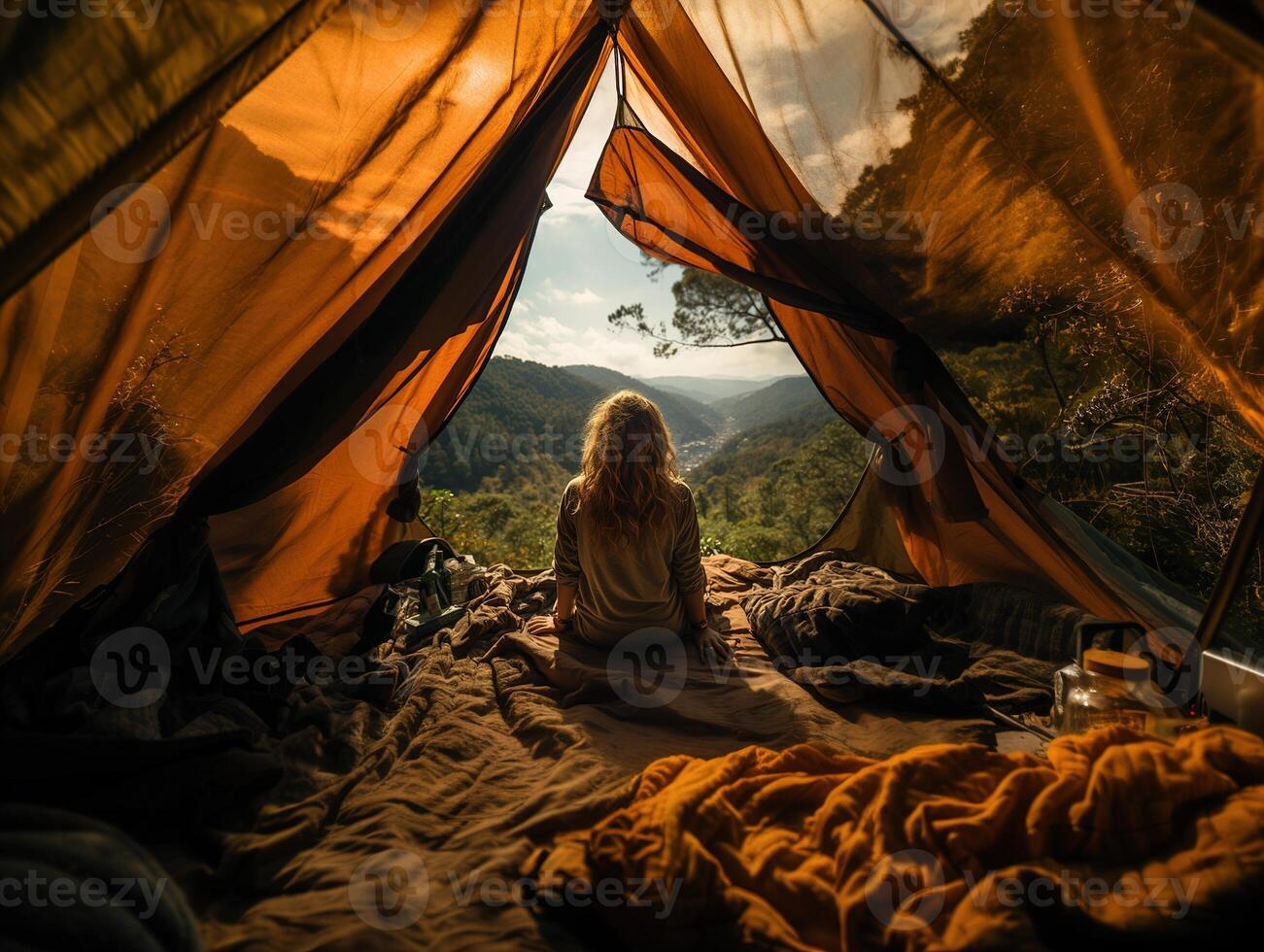 ai generato ragazza nel un' tenda Visualizza a partire dal il indietro generativo ai foto