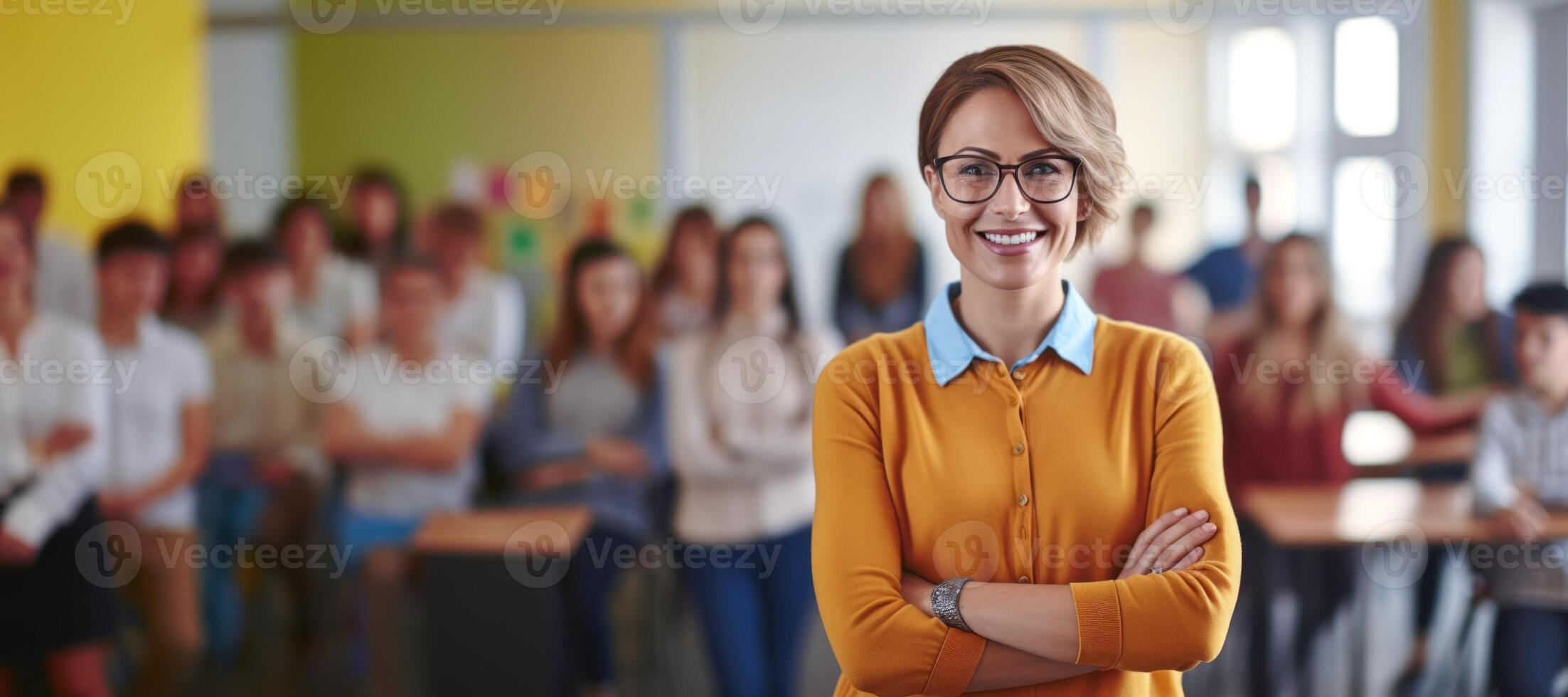 ai generato scuola insegnante su sfocato aula sfondo bandiera generativo ai foto