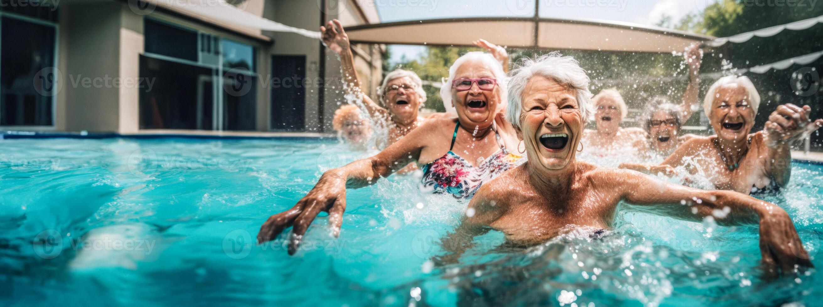 ai generato allegro anziano nonne nuoto nel il piscina generativo ai foto