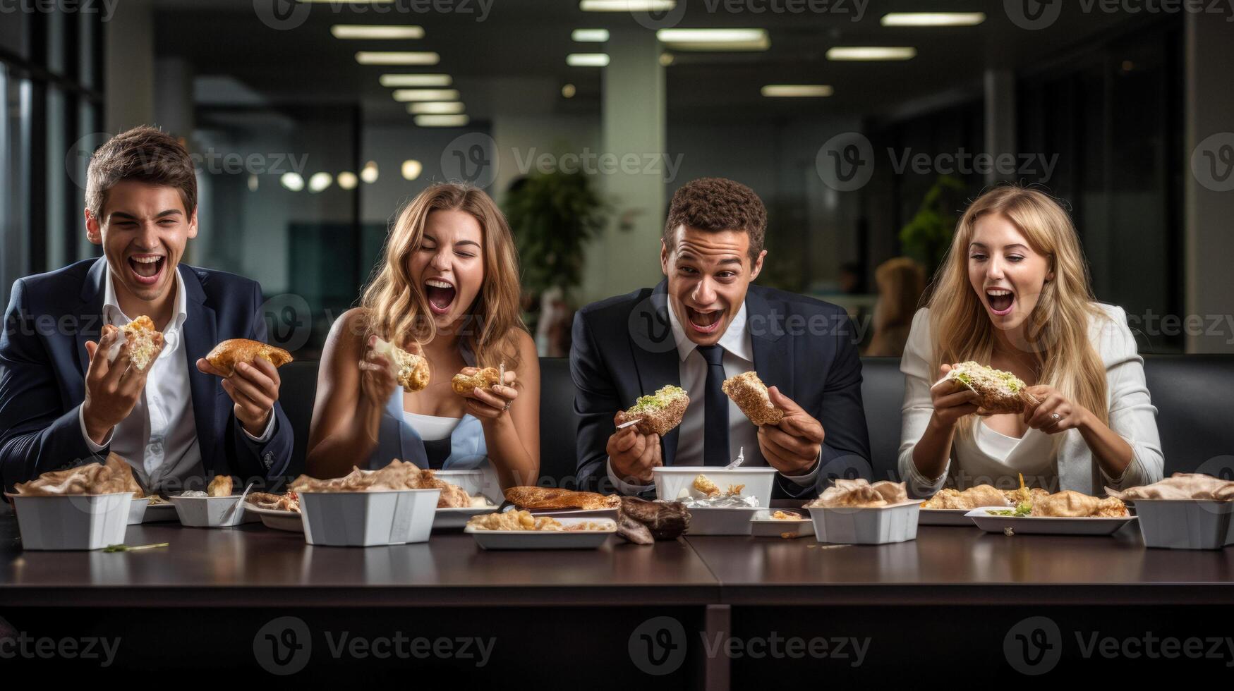 ai generato gruppo di ufficio lavoratori avendo pranzo generativo ai foto