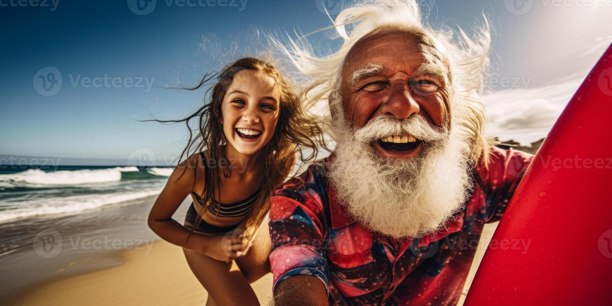 ai generato anziano surfer su il spiaggia generativo ai foto