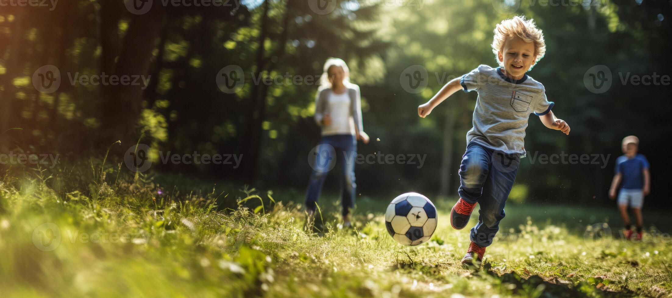 ai generato bambino giocando calcio nel il Giardino dietro la casa generativo ai foto