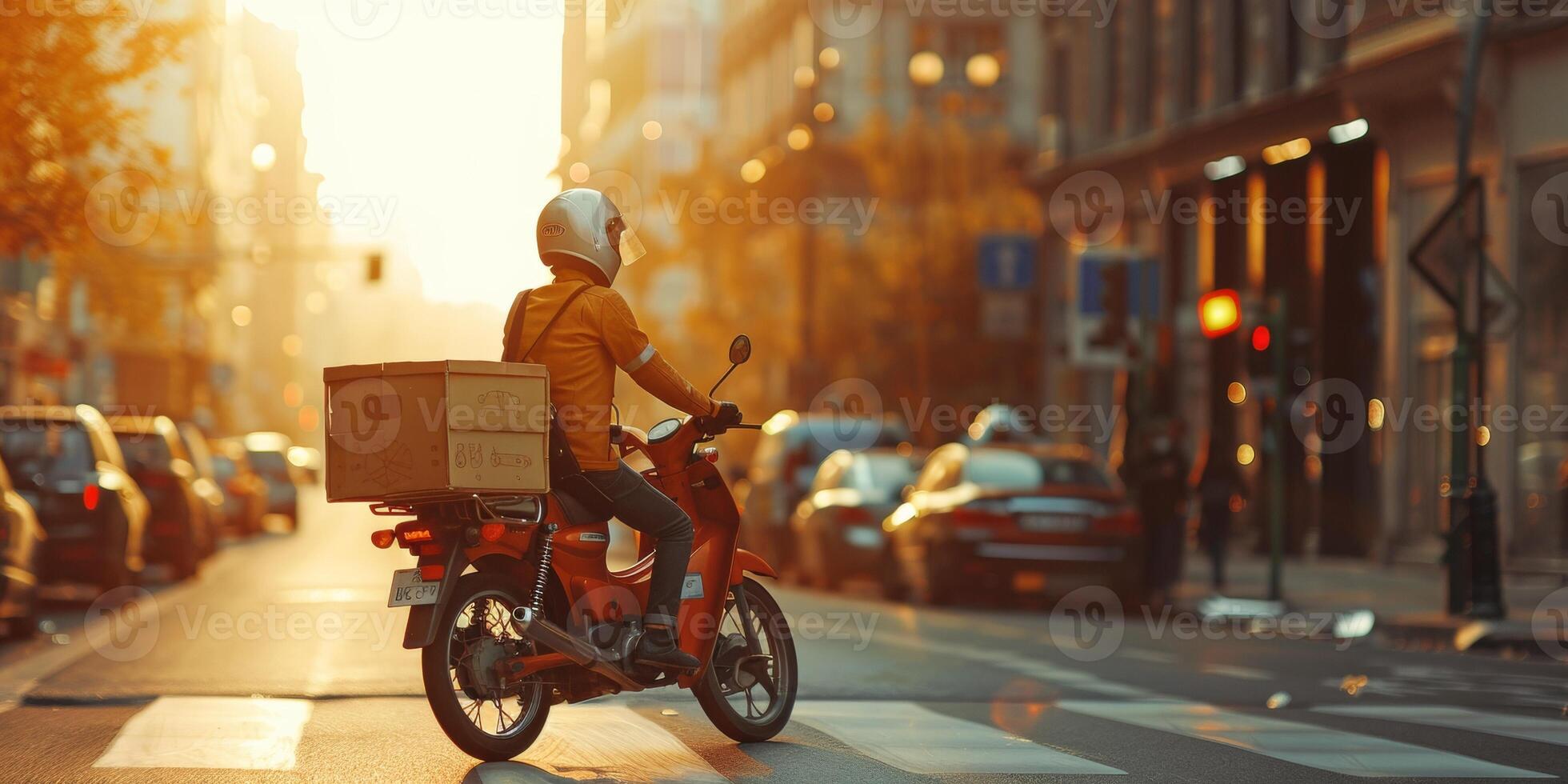 Corriere consegna pacchi in giro il città su un' motociclo foto