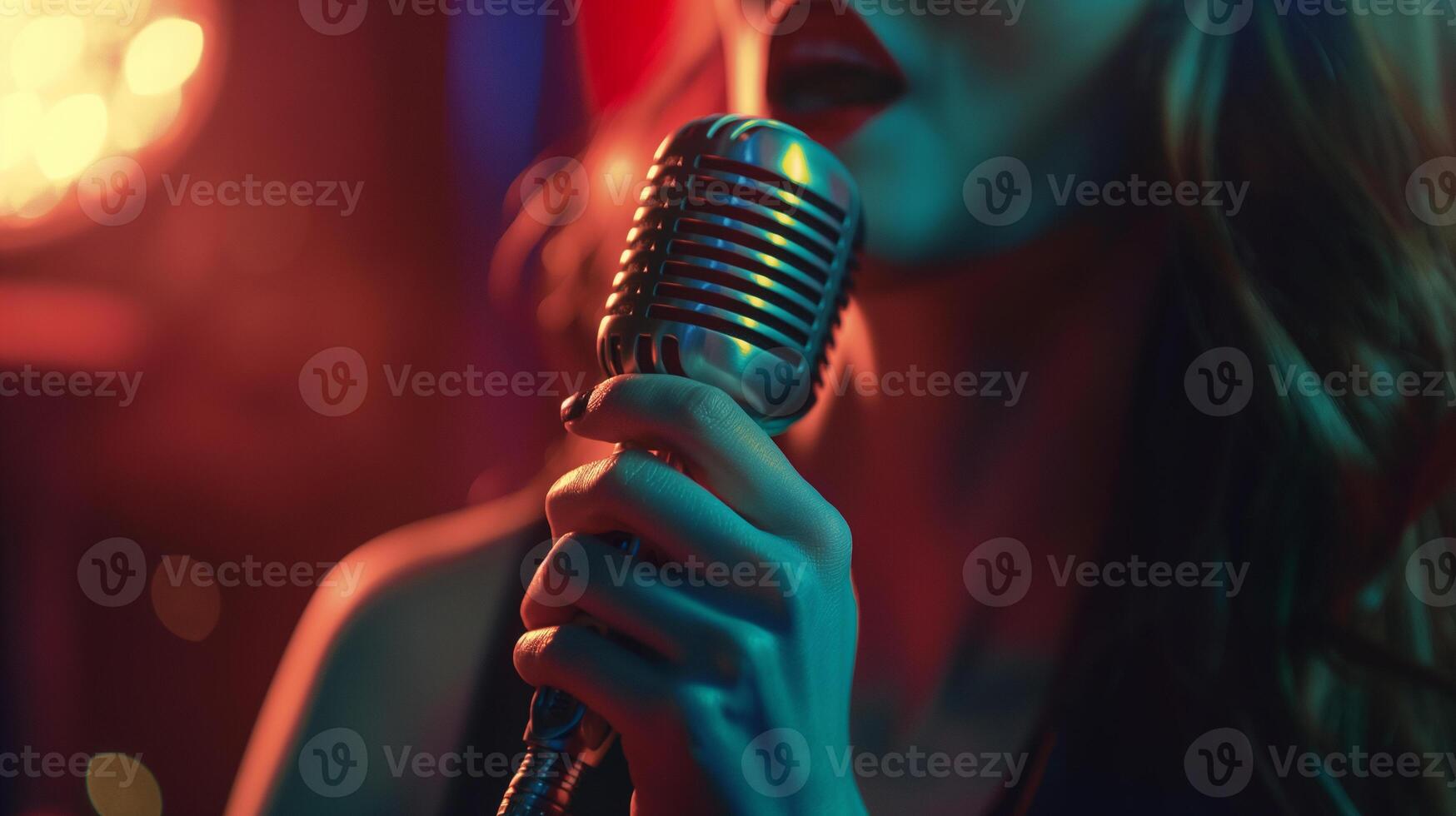 donna cantando in un' retrò microfono nel un' club o concerto sala. foto