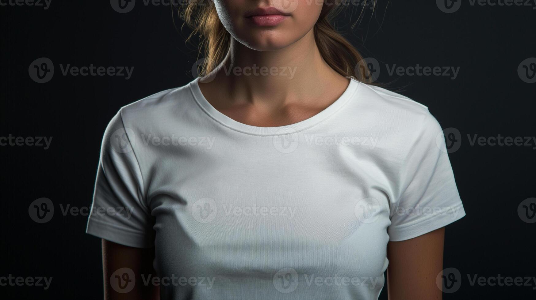 un' vuoto bianca camicia su il caucasico donna isolato su nero sfondo. donna indossa bianca maglietta modello. foto