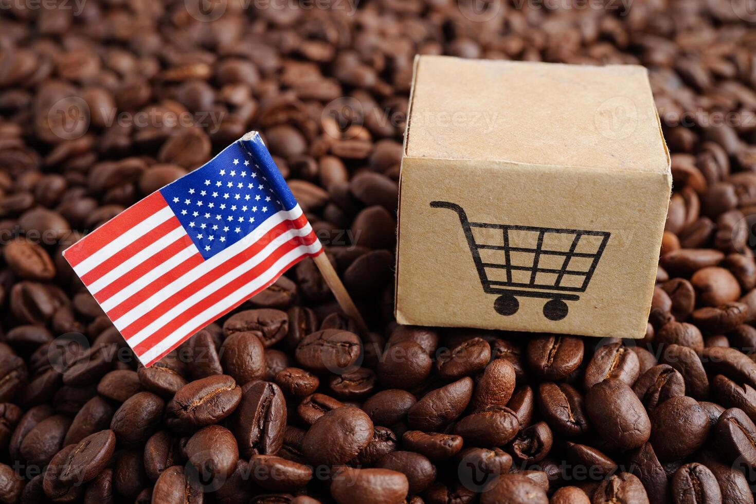 Stati Uniti d'America America bandiera su caffè fagioli, shopping in linea per esportare o importare cibo Prodotto. foto