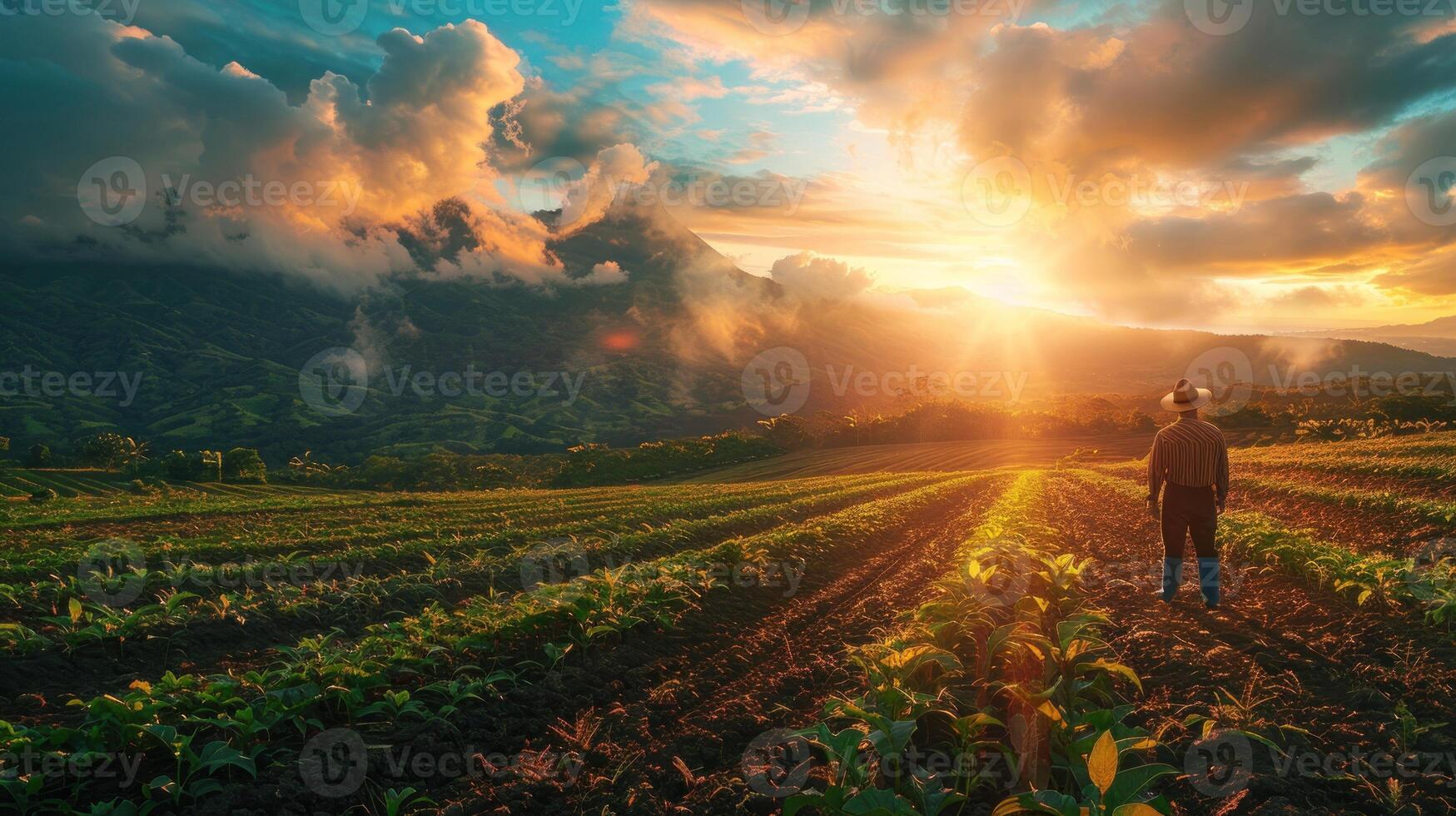 un' uomo sta nel un' campo di colture con il sole splendente su lui foto