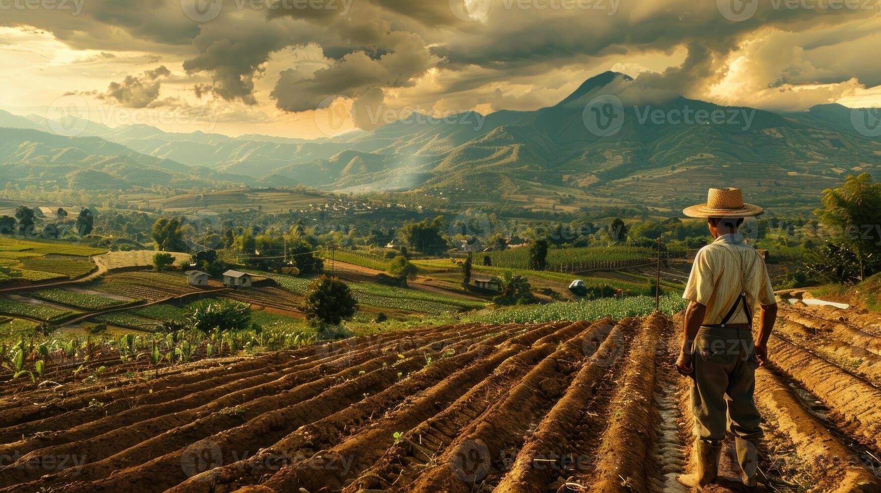 un' uomo sta nel un' campo di colture con il sole splendente su lui foto