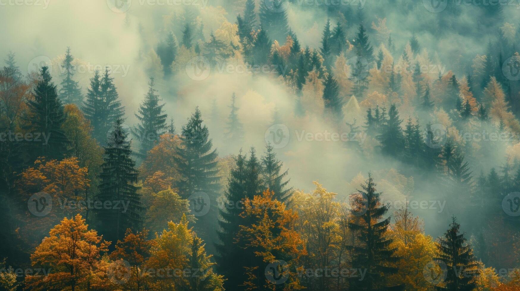 un' foresta con alberi coperto nel nebbia e le foglie foto