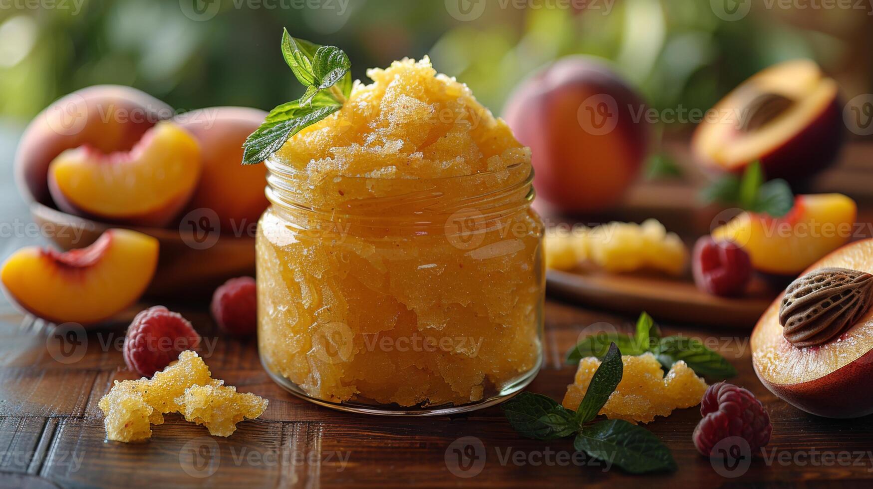 un' vaso di fatti in casa pesca corpo macchia su un' di legno superficie, circondato di fresco frutta e menta, evocando un' senso di naturale pelle cura e estate freschezza. foto