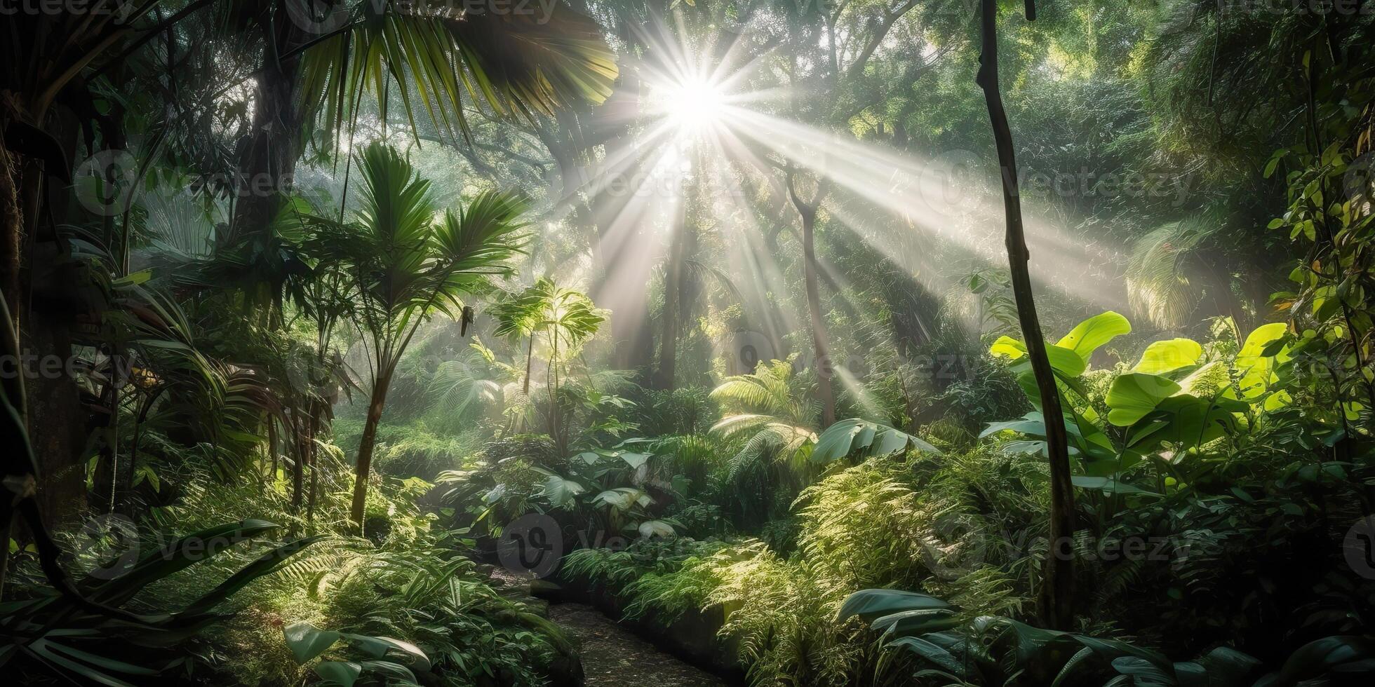 tropicale pioggia giungla in profondità foresta con beab raggio leggero splendente. natura all'aperto avventura vibrazione scena sfondo Visualizza foto