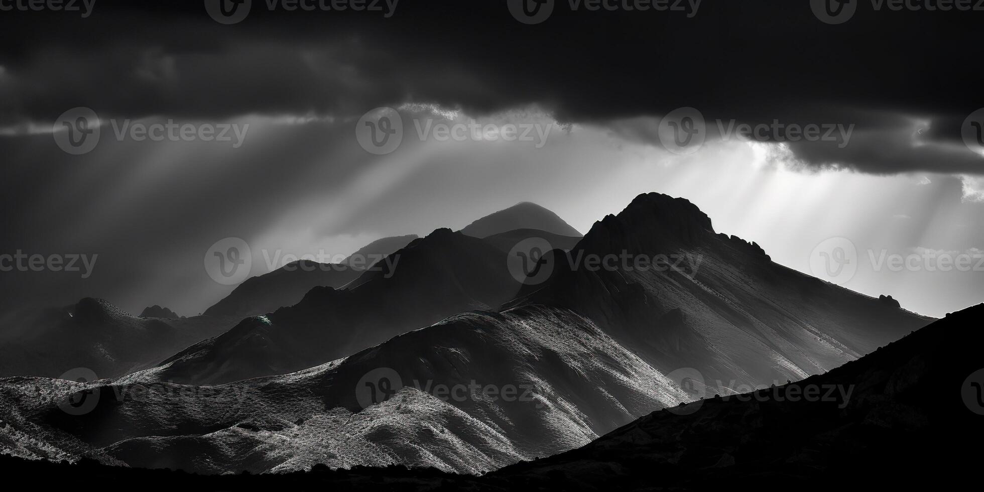 sorprendente nero e bianca fotografia di bellissimo montagne e colline con buio cieli paesaggio sfondo Visualizza scena foto