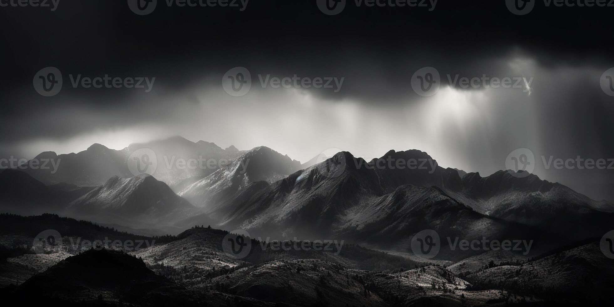 sorprendente nero e bianca fotografia di bellissimo montagne e colline con buio cieli paesaggio sfondo Visualizza scena foto