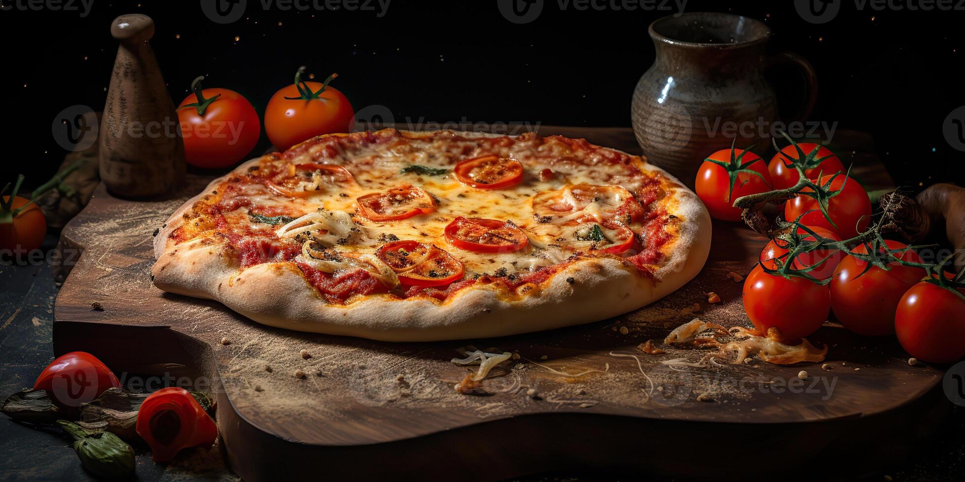 fresco al forno gustoso Pizza con carne e verdure e erbe aromatiche su cena tavolo. pasto cibo ristorante sfondo scena foto