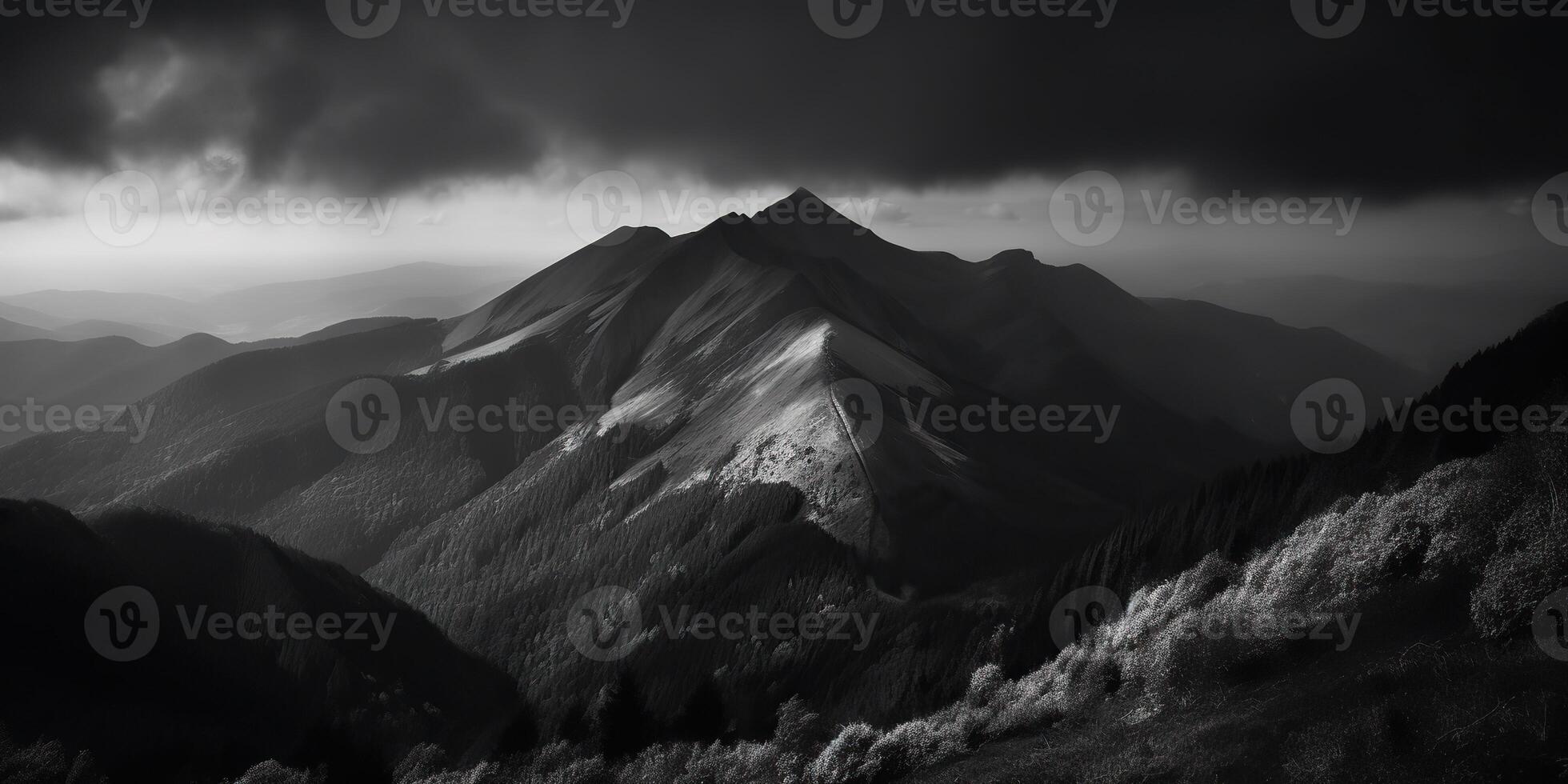 sorprendente nero e bianca fotografia di bellissimo montagne e colline con buio cieli paesaggio sfondo Visualizza scena foto