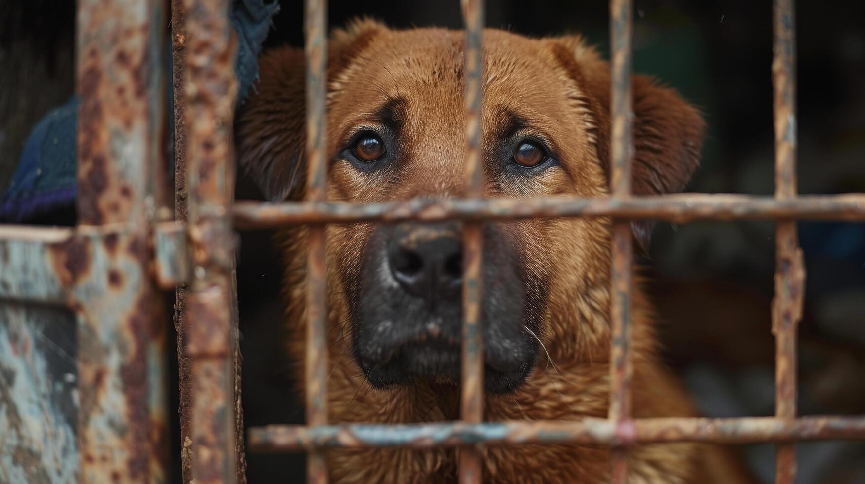 solitario vagante cane nel riparo gabbia abbandonato, Affamato, e pieno di speranza dietro a arrugginito barre foto