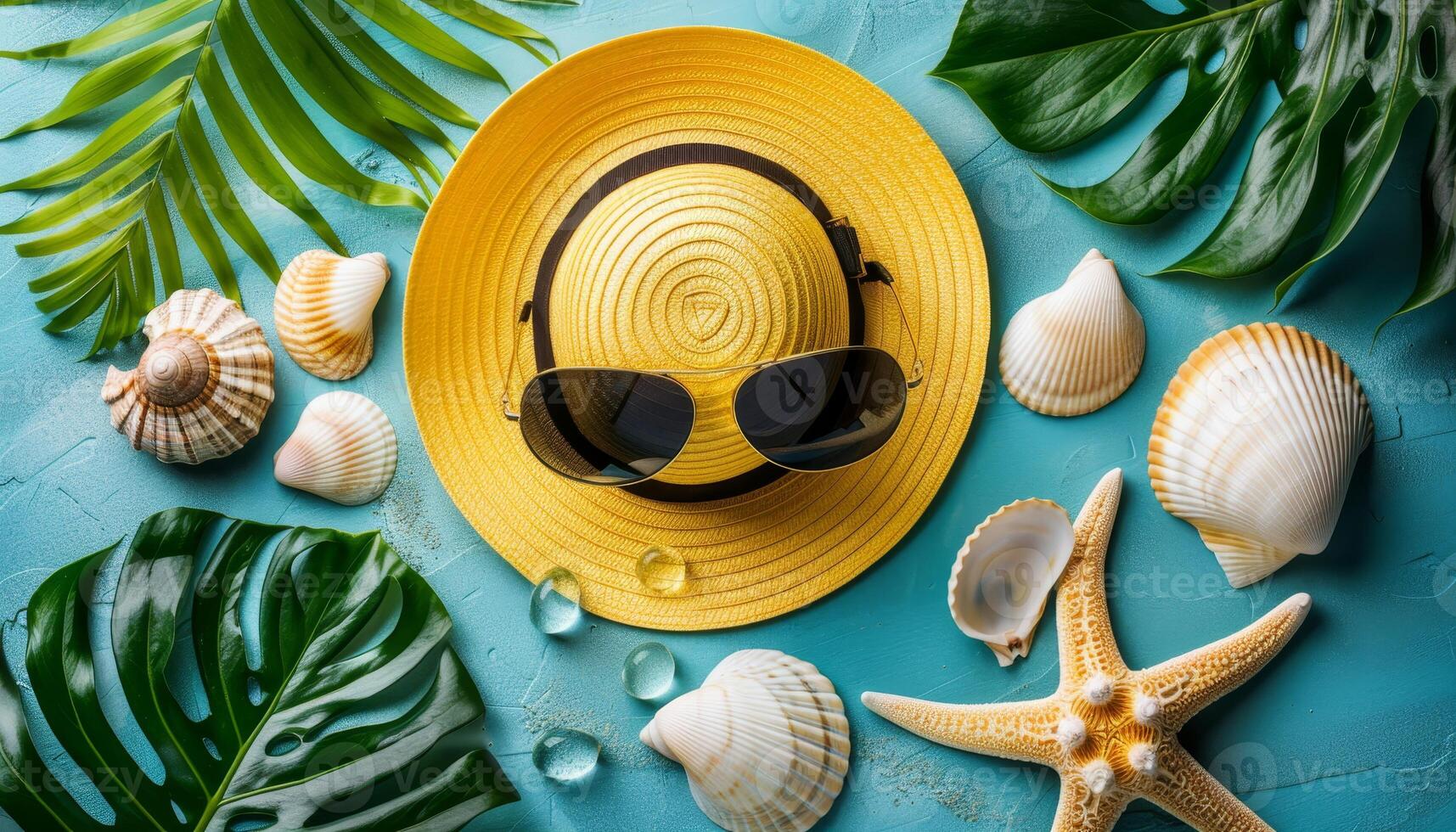 tropicale estate bandiera con giallo cappello, occhiali da sole, conchiglia, Monstera foglia su blu sfondo foto