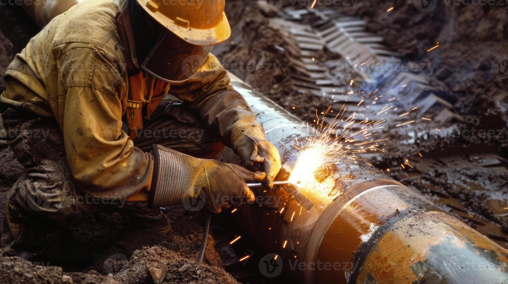 un' lavoratore utilizzando un' ting torcia per modificare un' grande tubo sezione per in forma un' specifico angolo o curva nel il trincea foto