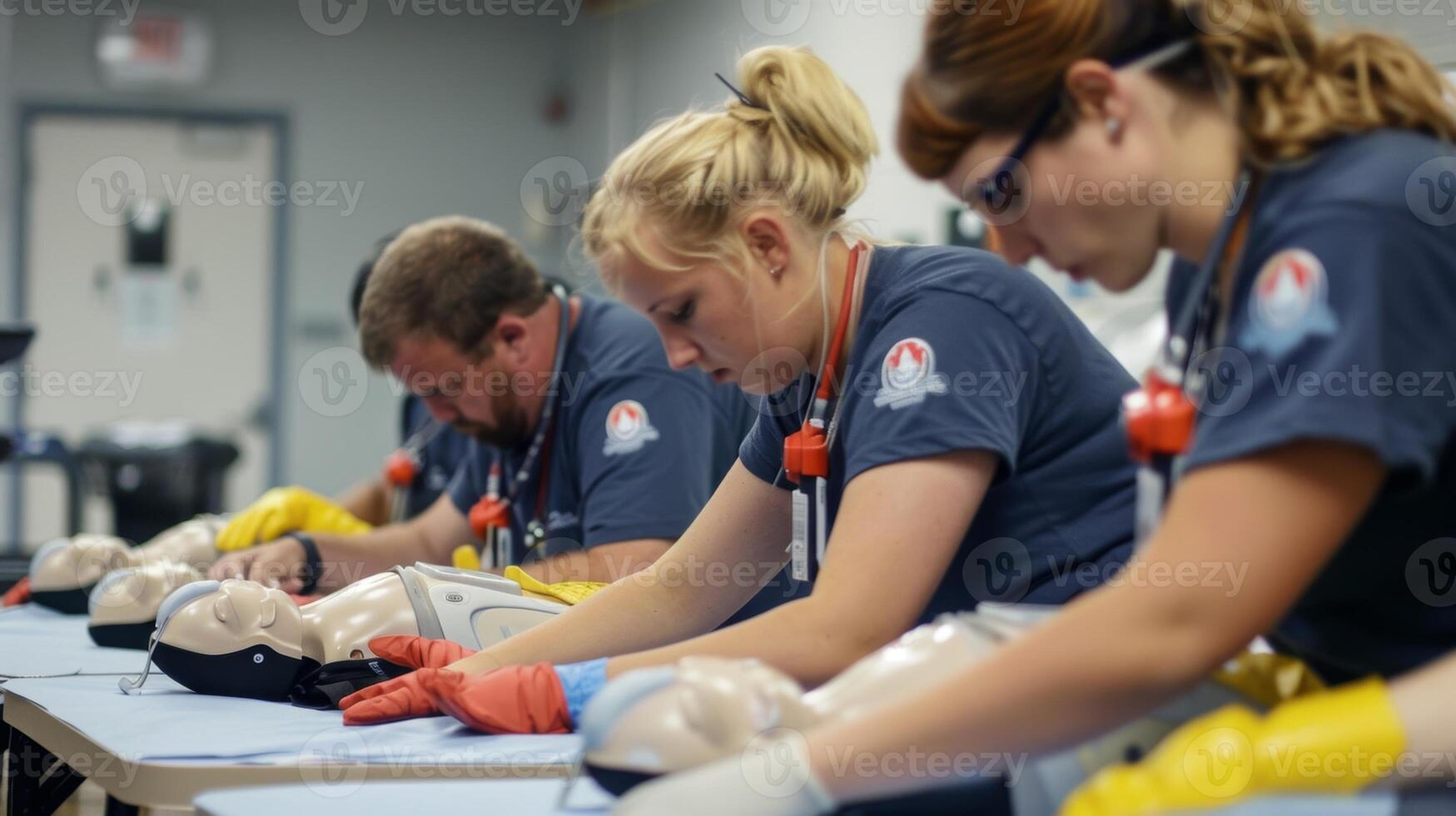 lavoratori pratica utilizzando aed dispositivi su cpr manichini apprendimento Come per propriamente valutare per cardiaco arresto e consegnare salvavita shock foto