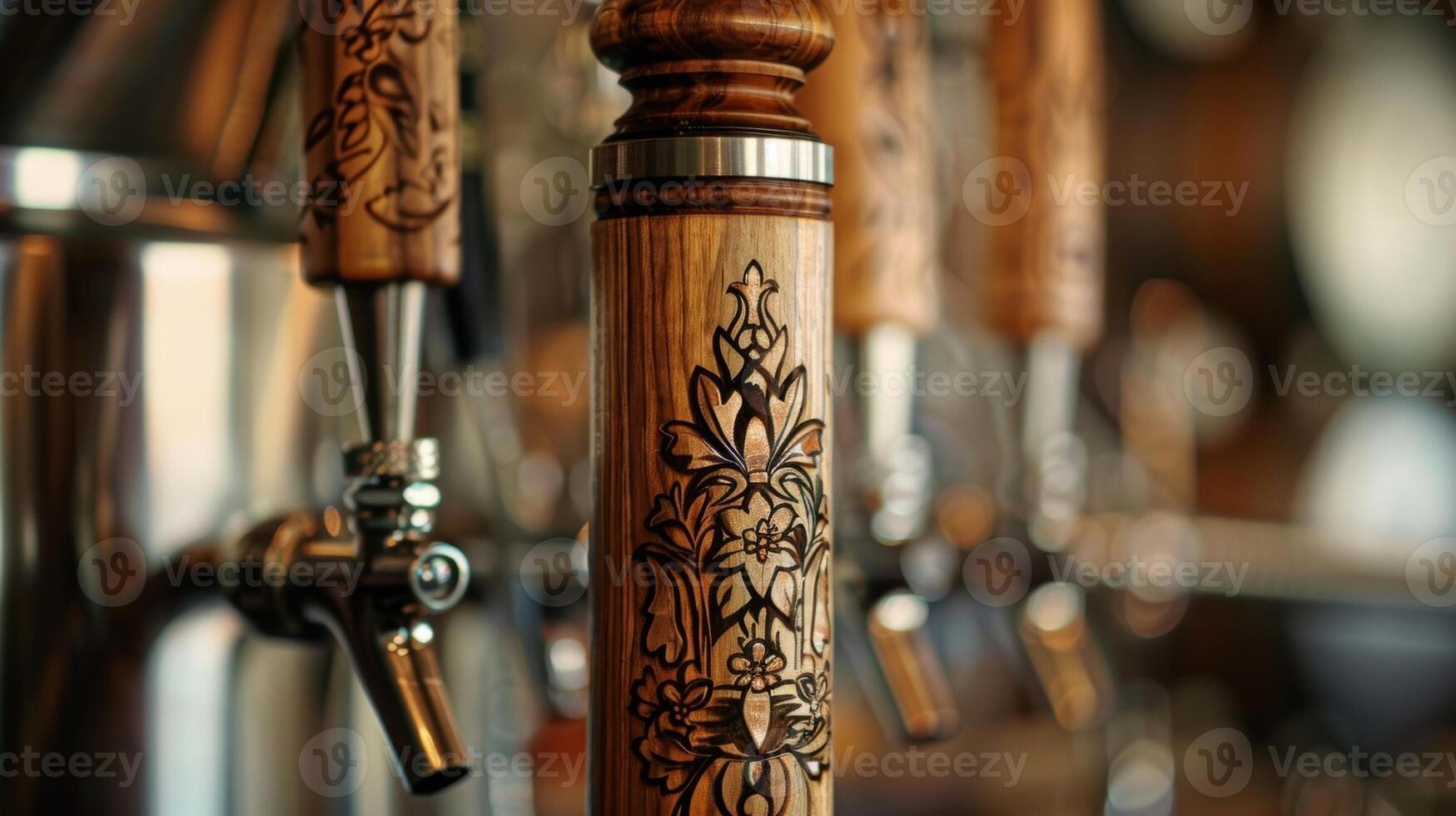 un' dettagliato tiro di un' fatto a mano di legno rubinetto maniglia ornato con intricato disegni e un' unico logo che rappresentano il casa birrai marca foto
