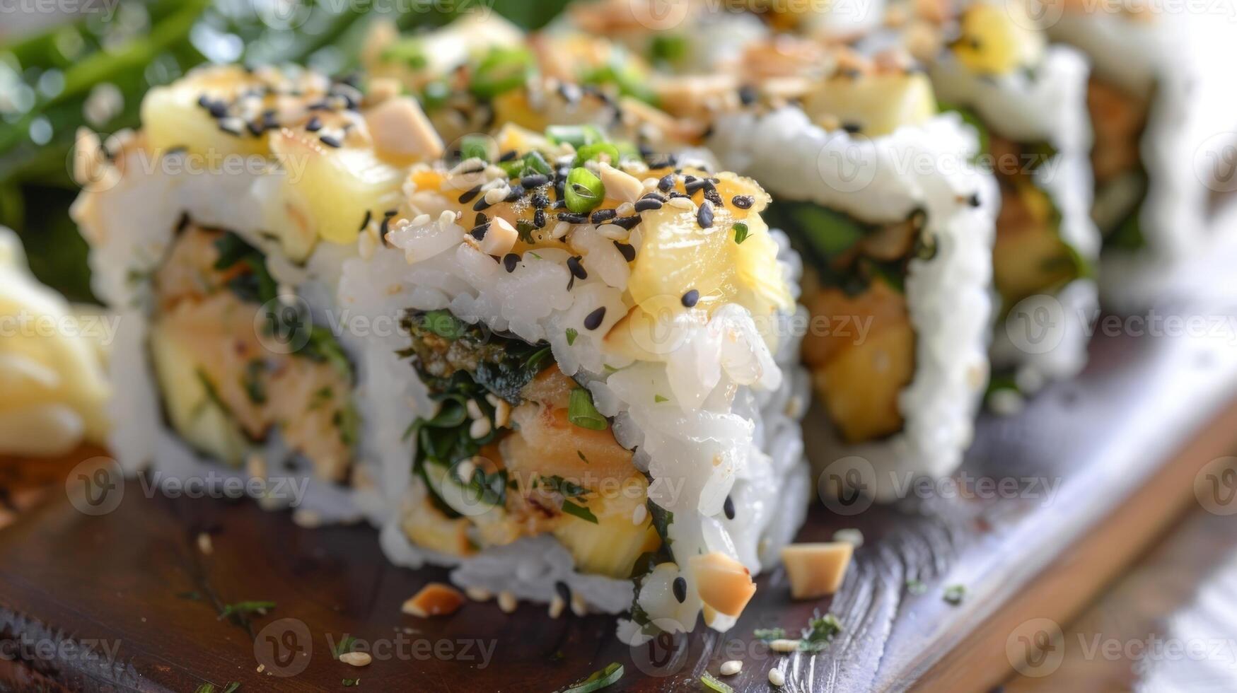 queste Sushi rotoli siamo un' tropicale esplosione con piccante ananas cremoso Noce di cocco e croccante macadamia noccioline tutti avvolto nel un' riso e alga marina fascio foto