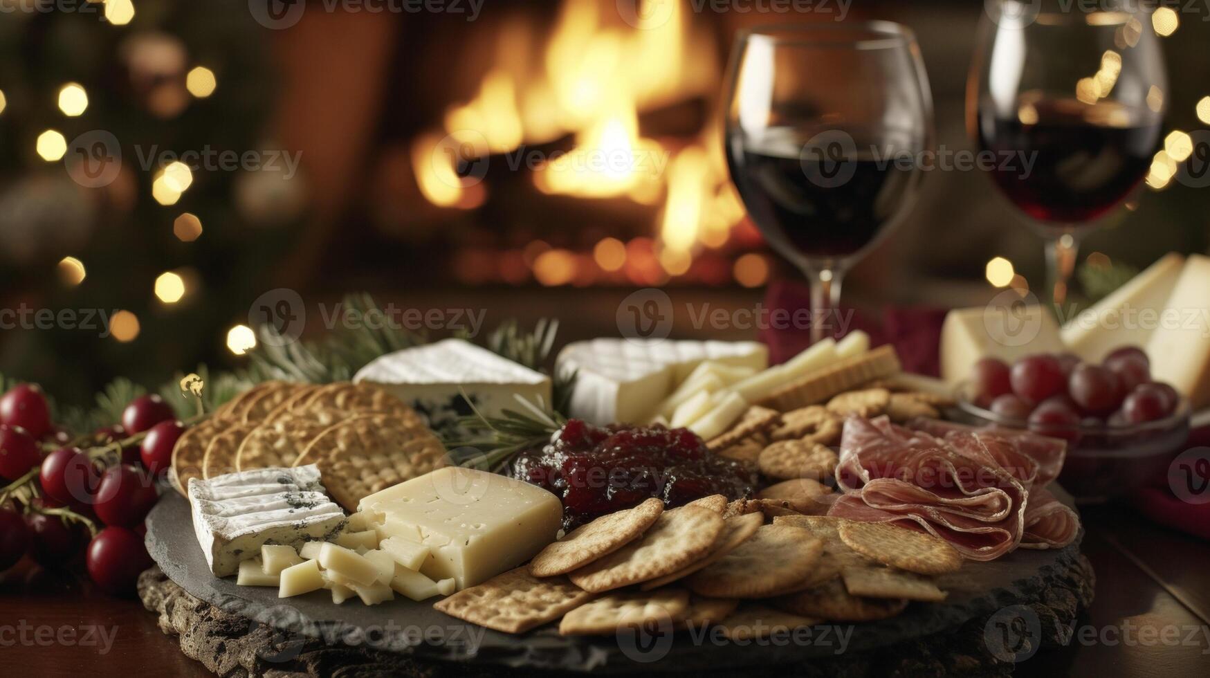un' delizioso selezione di formaggi e cracker pensieroso p nel davanti di un' scoppiettante fuoco invitante ospiti per rilassare e indulgere nel il salato sapori di il stagione foto