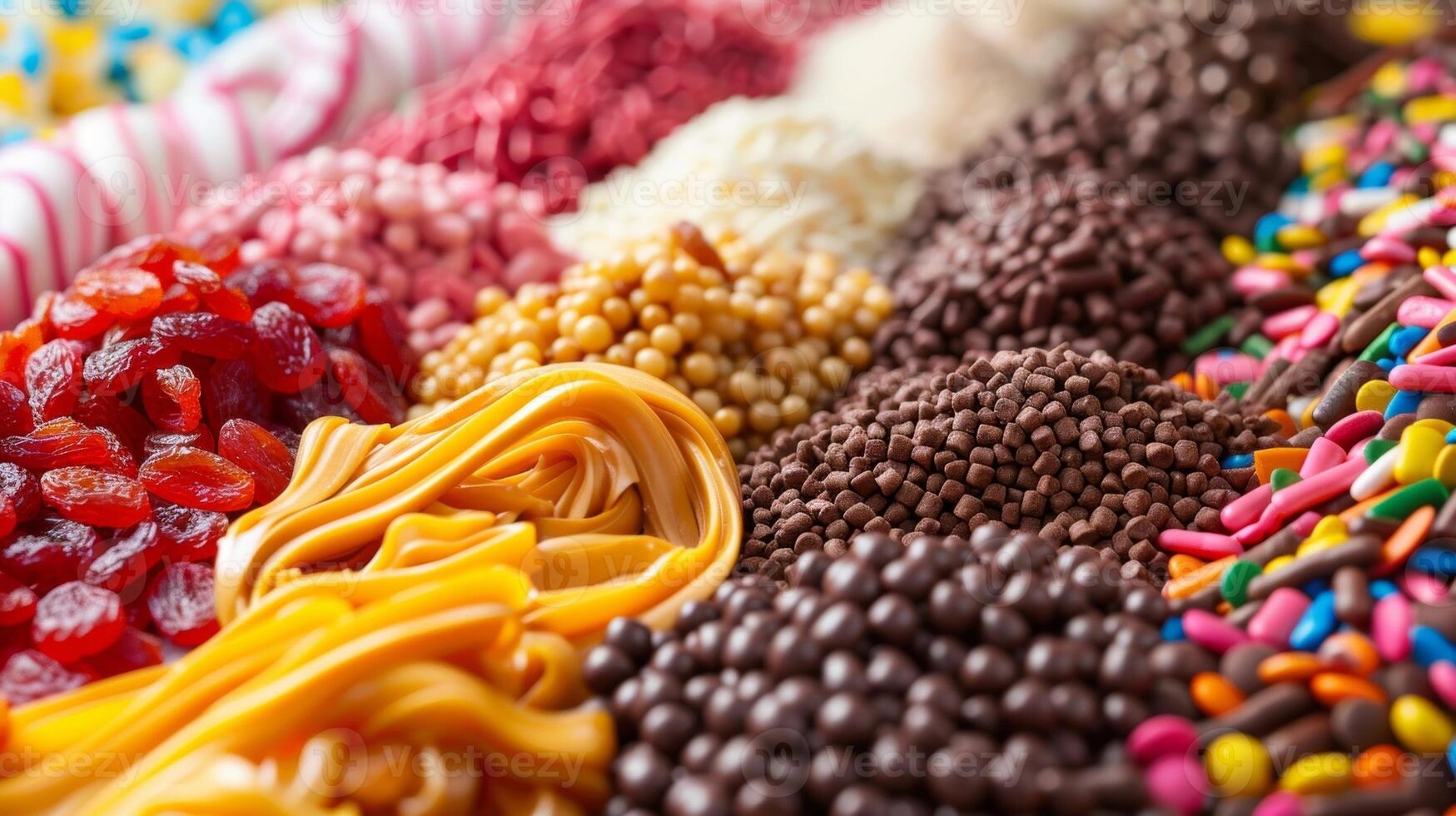 un' Schermo di vario ingredienti piace secco frutta caramello turbinii e colorato spruzzatori pronto per essere incorporato in il cioccolato foto