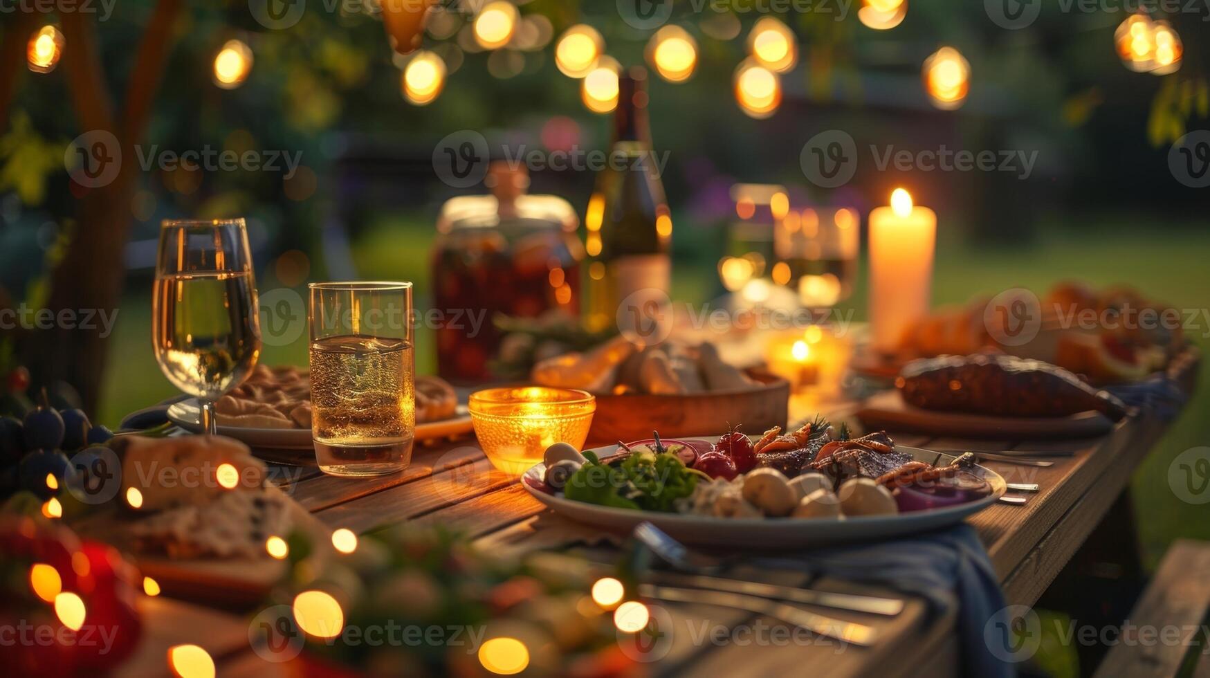 il morbido splendore di candele si illumina un' rustico di legno picnic tavolo impostato con un Vettore di acquolina in bocca piatti per il barbecue festa. 2d piatto cartone animato foto