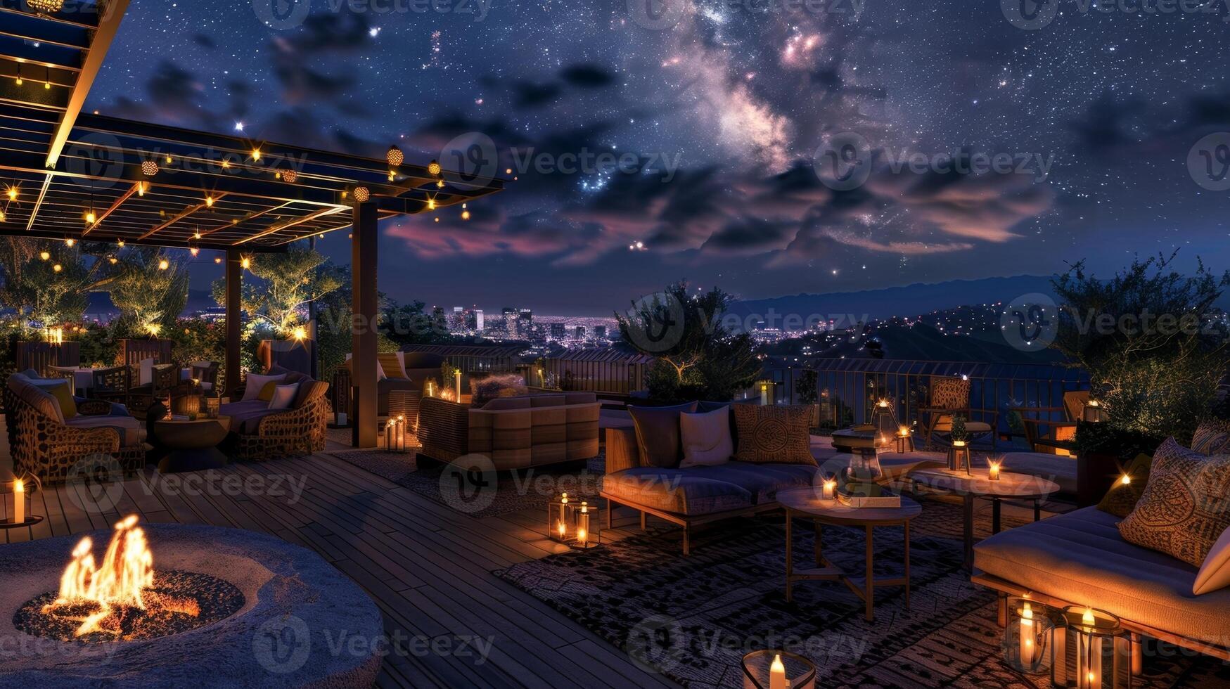 il tranquillo tetto ambientazione illuminato di fiamme e lontano stelle offerte il Perfetto fondale per un indimenticabile sera di celeste esplorazione. 2d piatto cartone animato foto