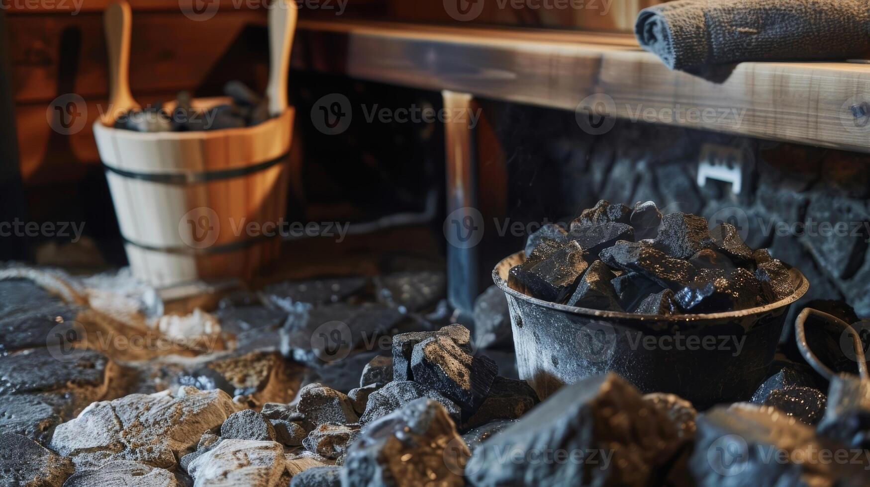 un' tiro di un' coperto con un asciugamano sauna stufa traboccante con caldo rocce e un' secchio di acqua Il prossimo per esso. foto