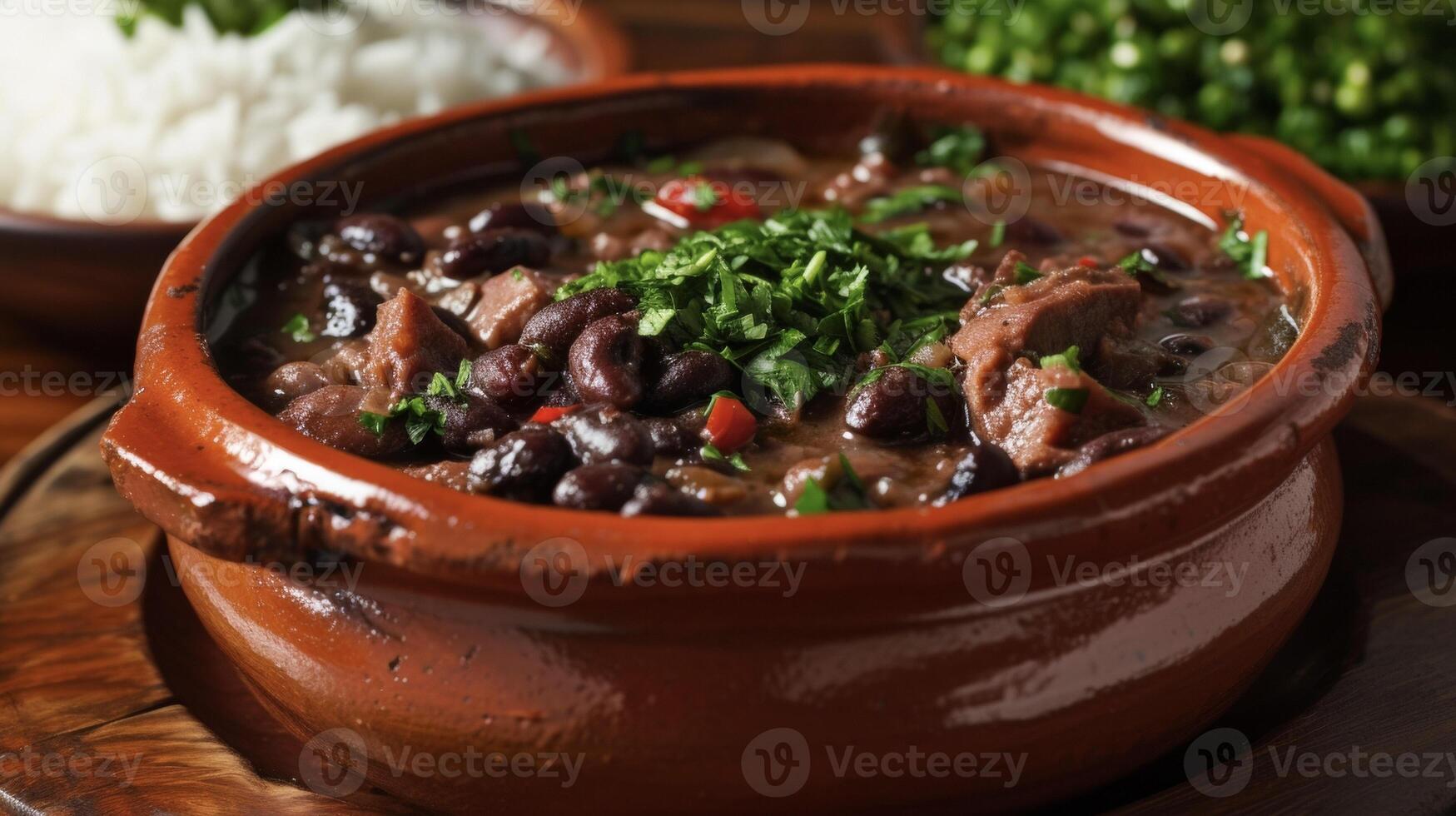 vivace rossi e verdura scoppiare a partire dal un' ciotola di brasiliano feijoada un' sostanzioso e saporito stufato di tenero Maiale e nero fagioli. accoppiato con un' lato di soffice bianca riso Questo dis foto