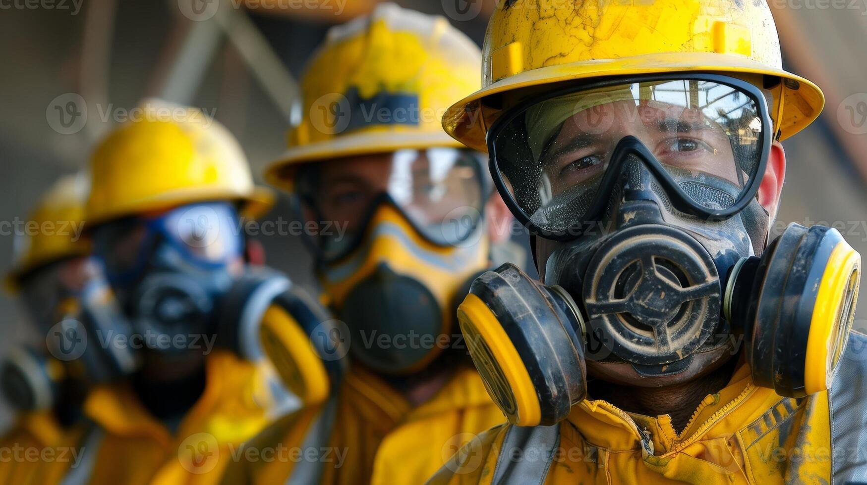 un' panoramico Visualizza di lavoratori nel pieno sicurezza Ingranaggio ogni indossare un' in modo univoco fantasia maschera per proteggere contro polvere e detriti foto