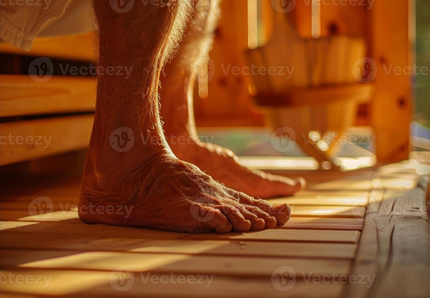 un più vecchio persona praticante dolce tratti e esercizi mentre dentro il sauna utilizzando il calore per Ottimizzare flessibilità e mobilità. foto