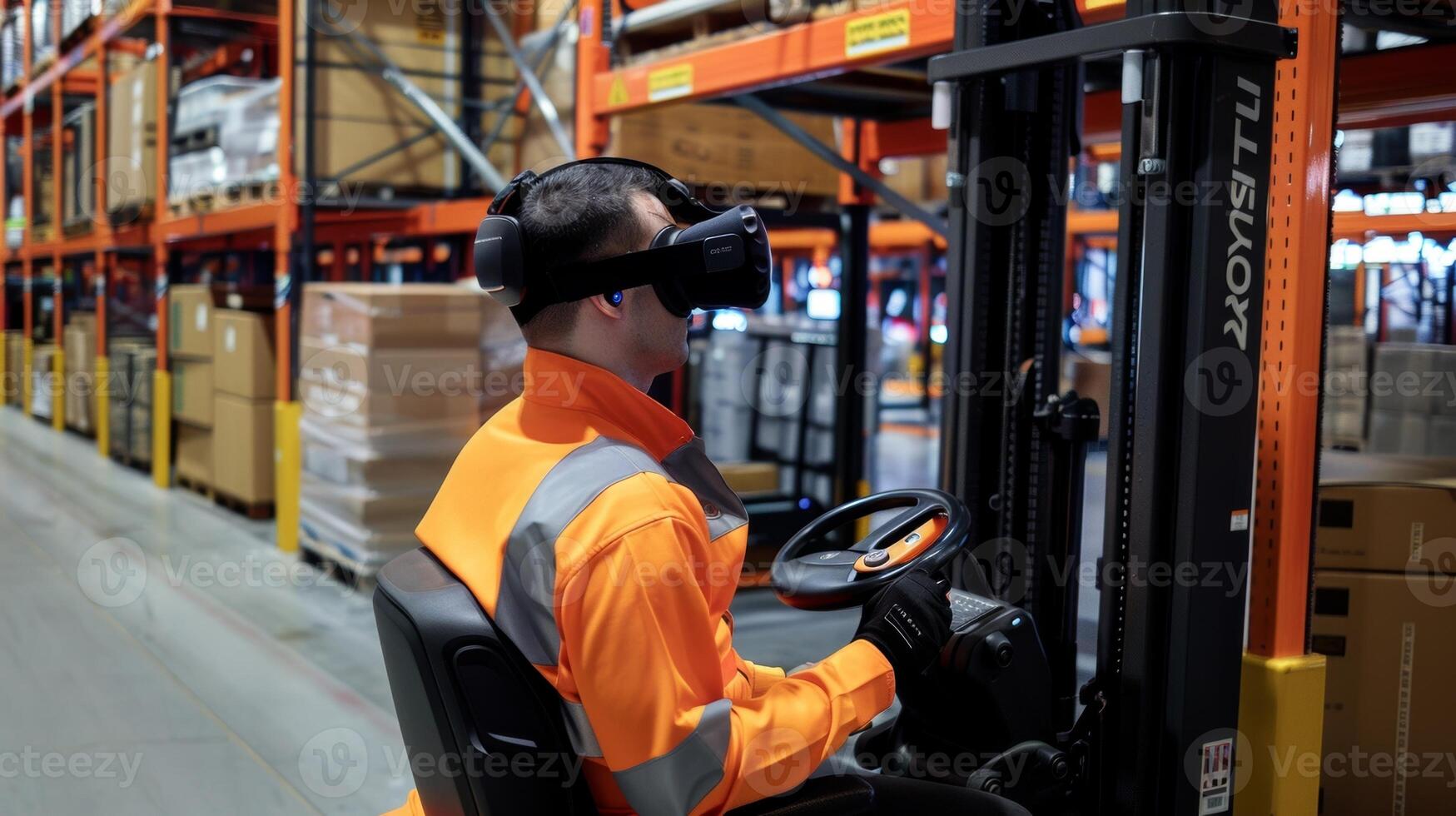 lavoratori utilizzare un' virtuale la realtà cuffia mentre operativo un' inteligente carrello elevatore a forca quale utilizza ostacolo rivelazione e automatico navigazione per ottimizzare Materiale movimento foto