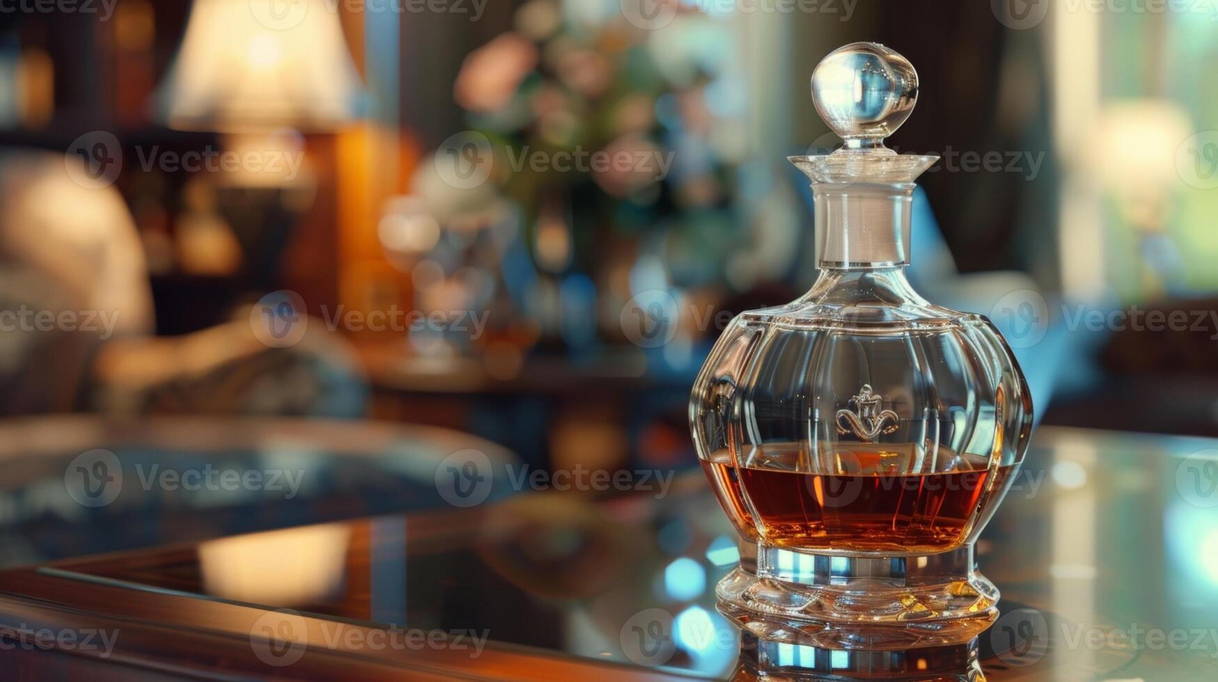 un' lussuoso caraffa di anziano whisky in attesa per essere versato e triste di ospiti a il sofisticato casa bar foto