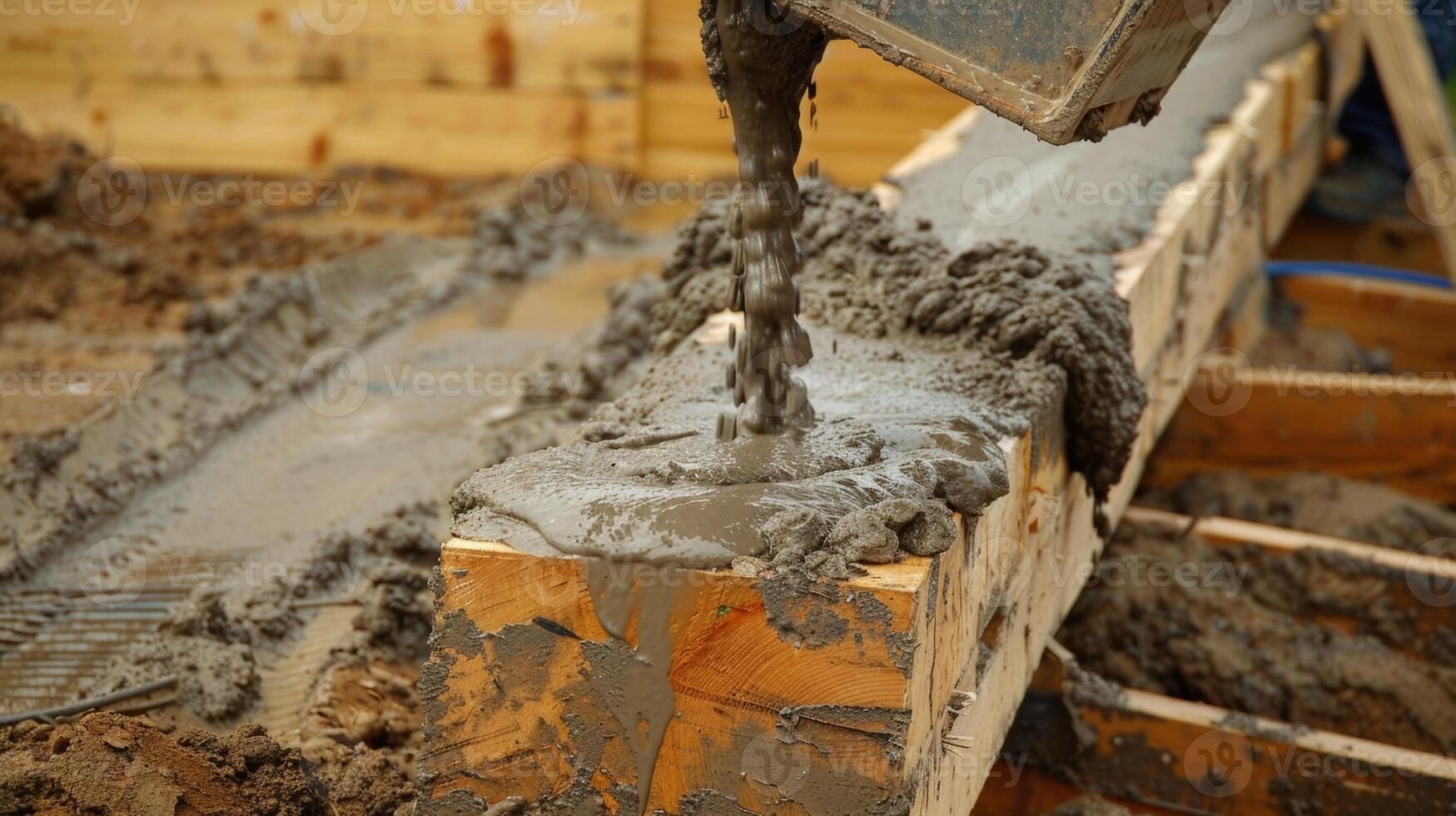 un' cemento miscelatore scrosciante liquido calcestruzzo in di legno le forme per creare il primo strato di il trattenendo parete foto