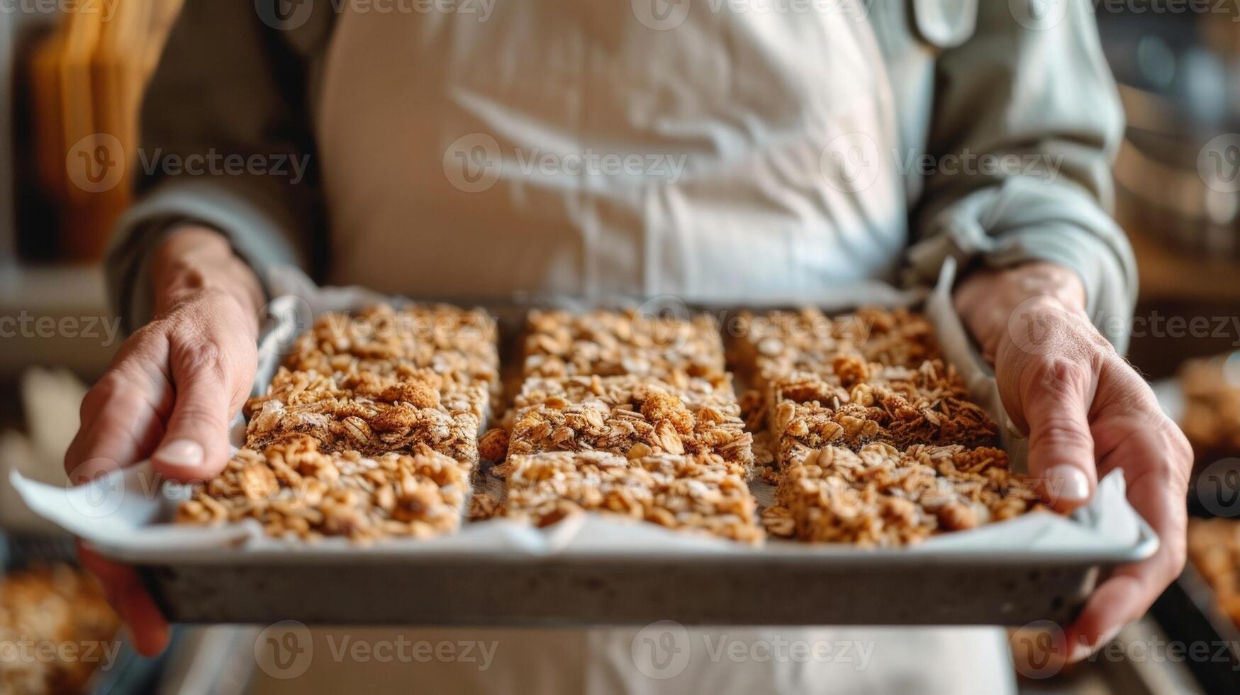 un' pensionato con orgoglio Tenere un' vassoio di appena al forno muesli barre fatto con sano avena noccioline e secco frutta pronto per essere condivisa con amici e famiglia foto