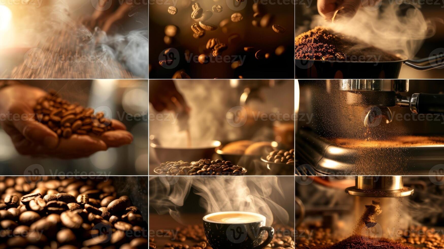 un' collage di immagini mostrando il viaggio di svolta totale caffè fagioli in un' cottura a vapore tazza di caffè sottolineando il importante ruolo di il macinazione processi nel producendo un' alta qualità foto