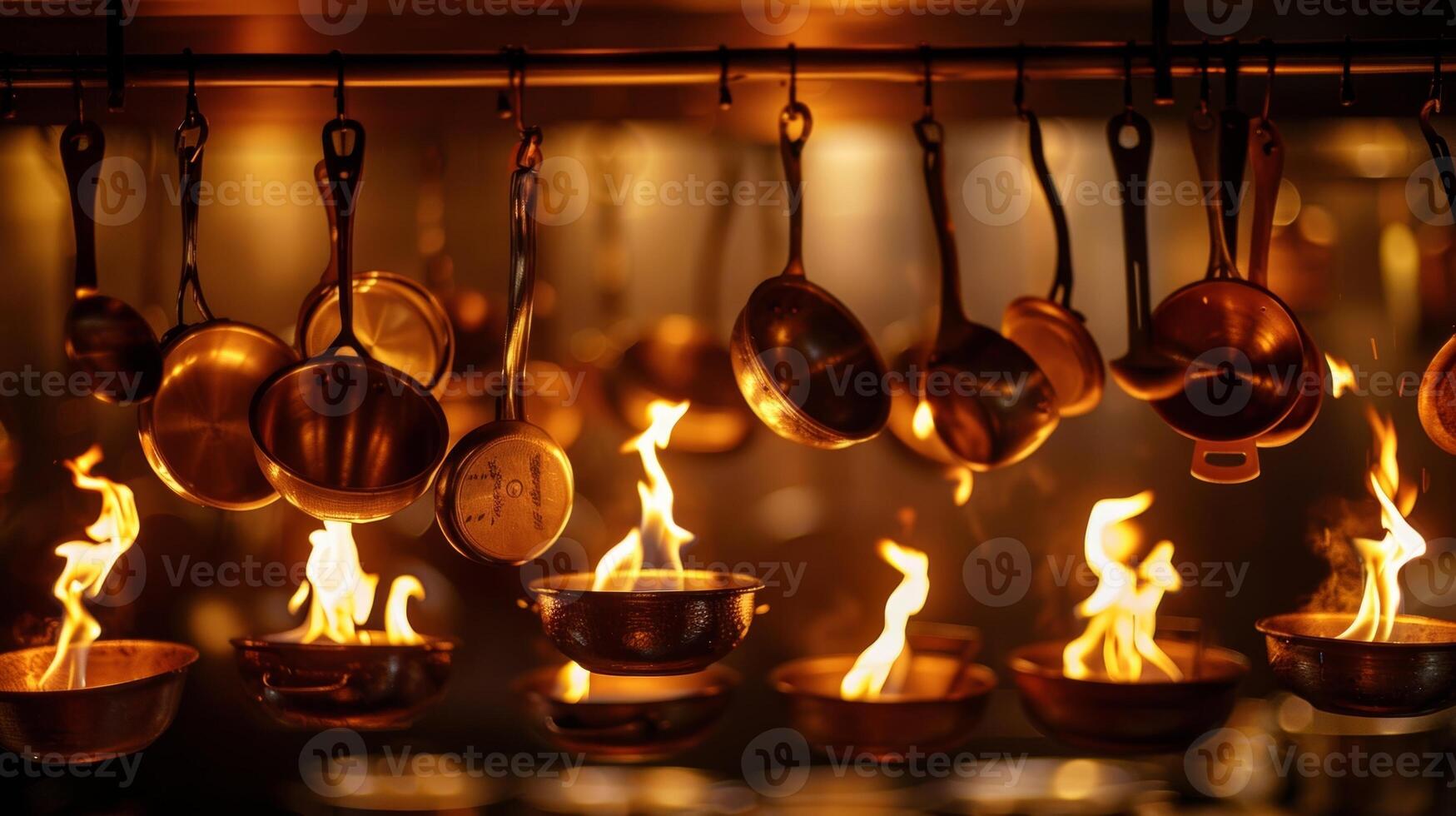 il fiamme di il candele riflettere via di il brillante pentole e pentole sospeso a partire dal il soffitto aggiungendo per il magico atmosfera di il classe. 2d piatto cartone animato foto