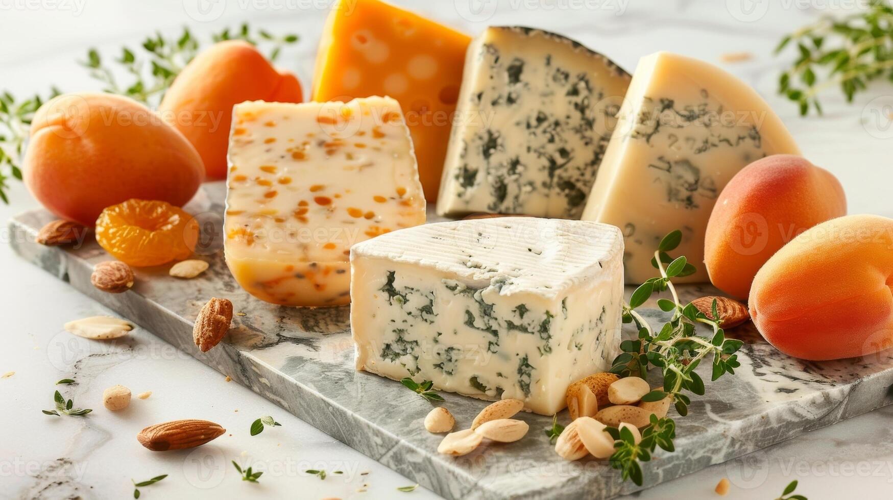 un' formaggio Gli amanti sognare venire vero con cunei di acuto Cheddar piccante capra formaggio e cremoso blu formaggio tutti presentata a fianco paffuto albicocche e croccante mandorle foto