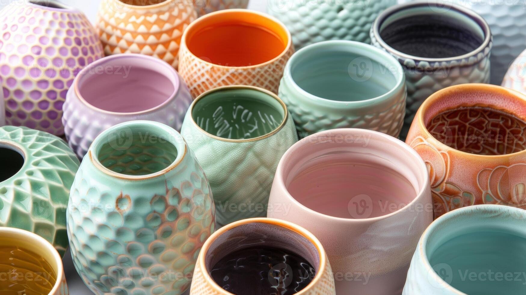 un' impostato di colorato ceramica S con diverso textures alcuni liscio alcuni fantasia ogni uno unico e accattivante. foto