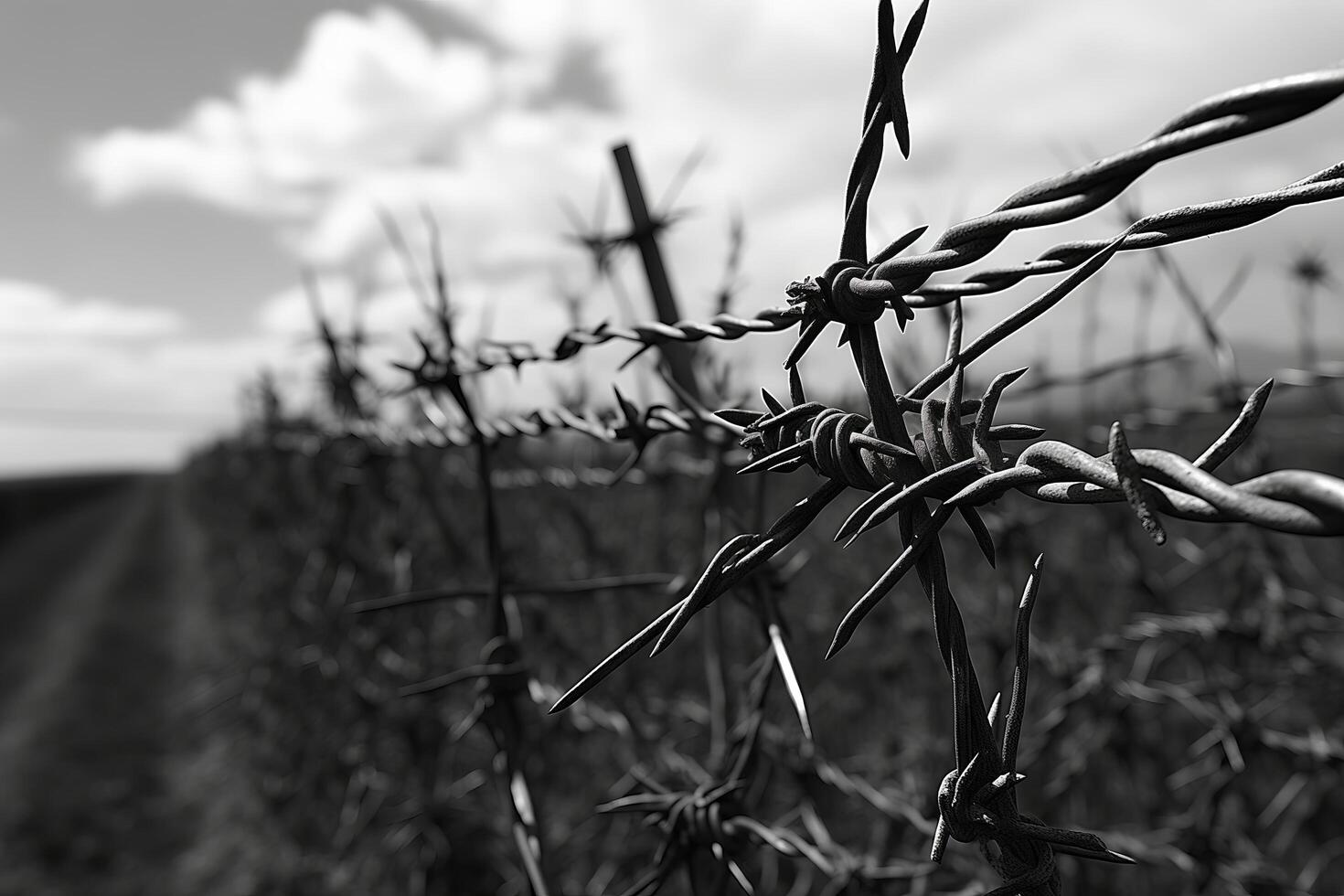 un' nero e bianca Immagine mostrando un' avvicinamento di un' spinato filo recinzione, con acuto picchi e contorto metallo, simboleggiante confinamento e confine. foto