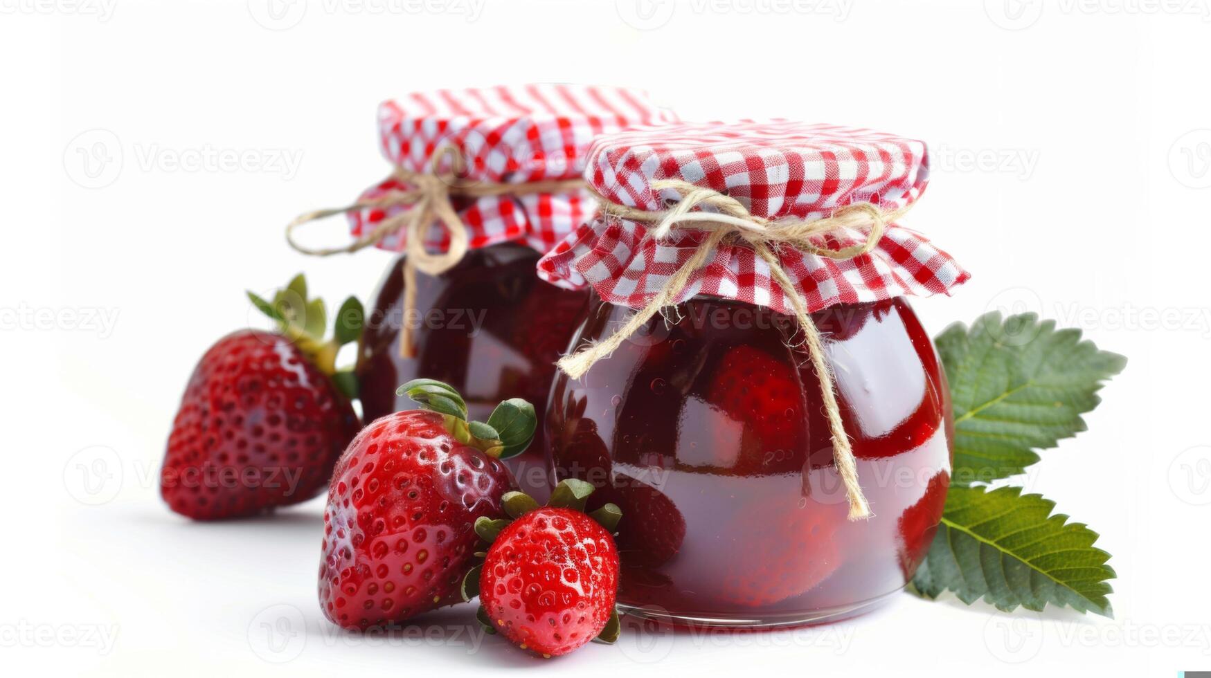 fatti in casa fragola marmellata barattolo, percalle coperchi, isolato su un' bianca sfondo foto