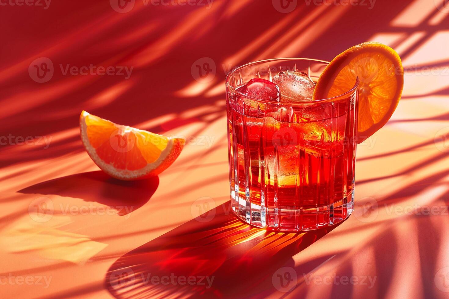 rinfrescante arancia cocktail con ghiaccio nel un' bicchiere sotto estate luce del sole con ombra modelli, ideale per estate parti e bordo piscina menu foto