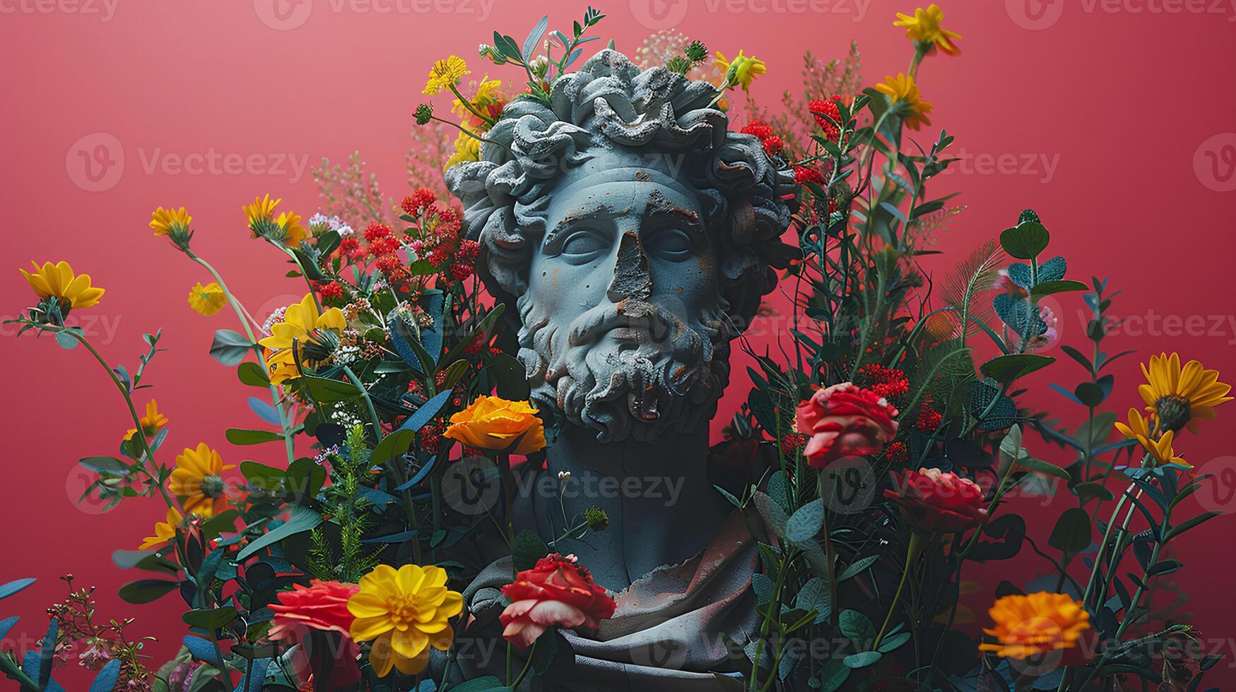antico greco fallimento di un' uomo avvolto nel fiori. antico greco statua di un' barbuto imperatore isolato su rosso sfondo. antico romano architettura foto