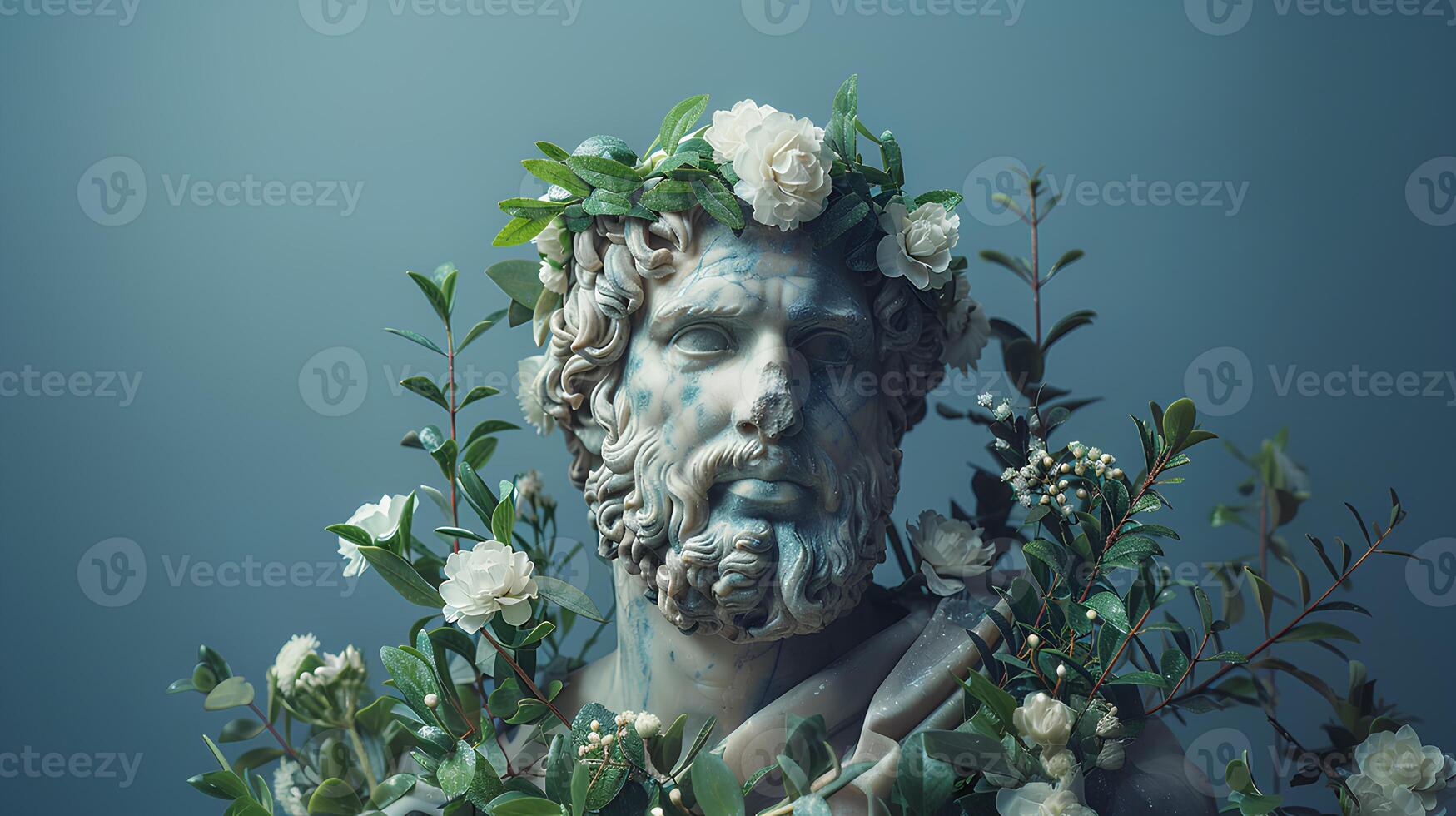 antico greco fallimento di un' uomo avvolto nel fiori. antico greco statua di un' barbuto imperatore isolato su blu sfondo. antico romano architettura foto